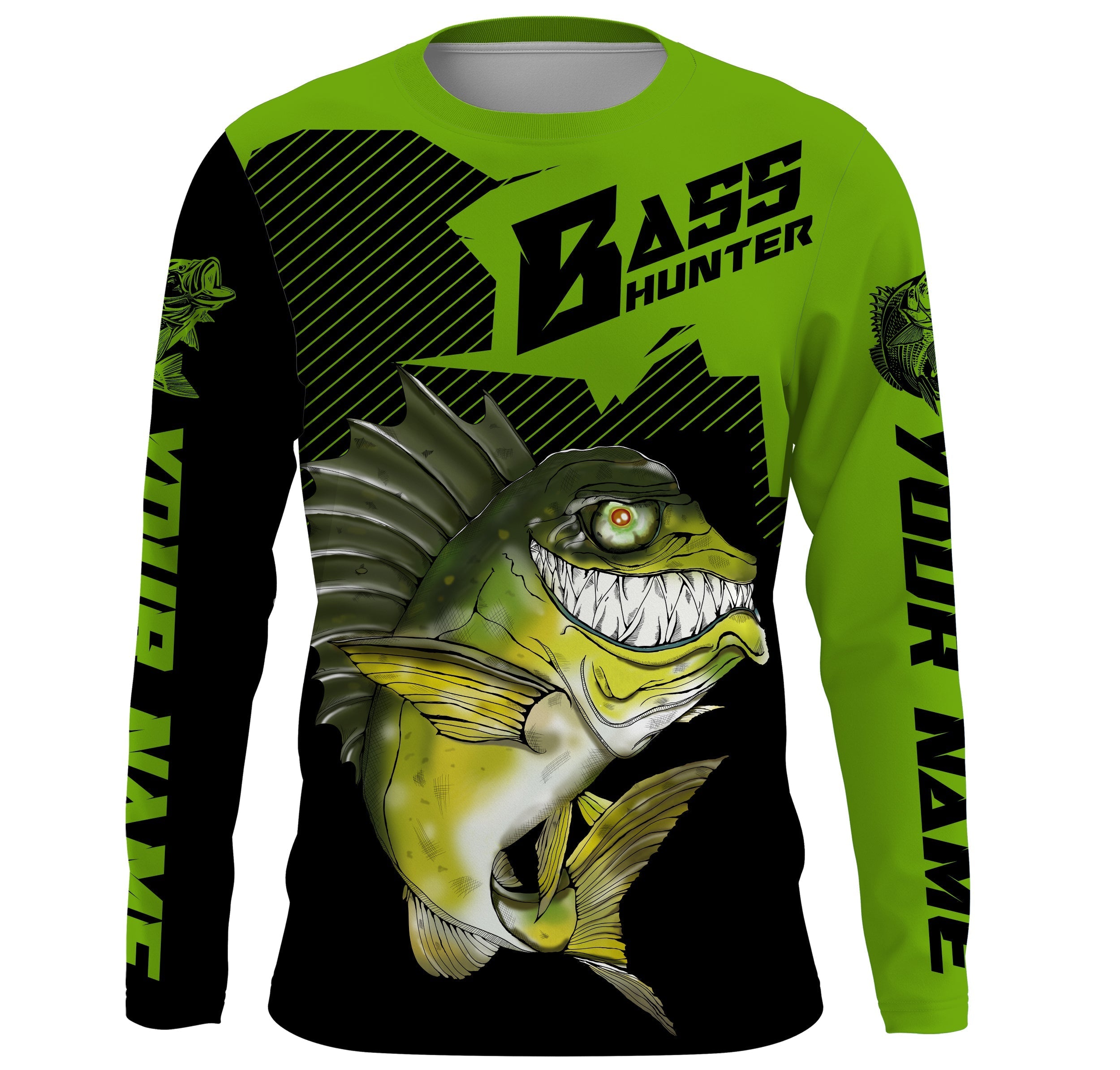 angry-largemouth-bass-custom-long-sleeve-fishing-shirts-bass-hunter-fishing-jerseys-black-green-fishing-long-sleeve-shirts