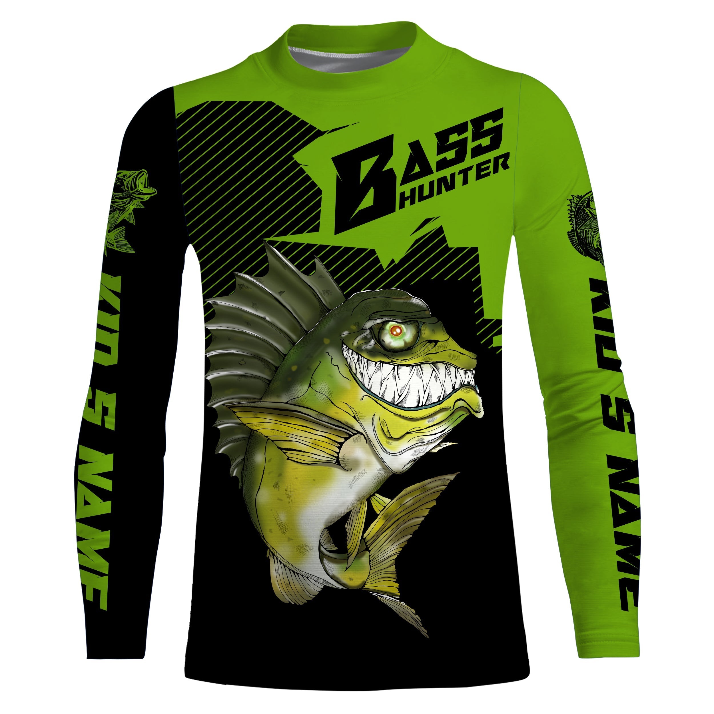 angry-largemouth-bass-custom-long-sleeve-fishing-shirts-bass-hunter-fishing-jerseys-black-green-fishing-long-sleeve-shirts