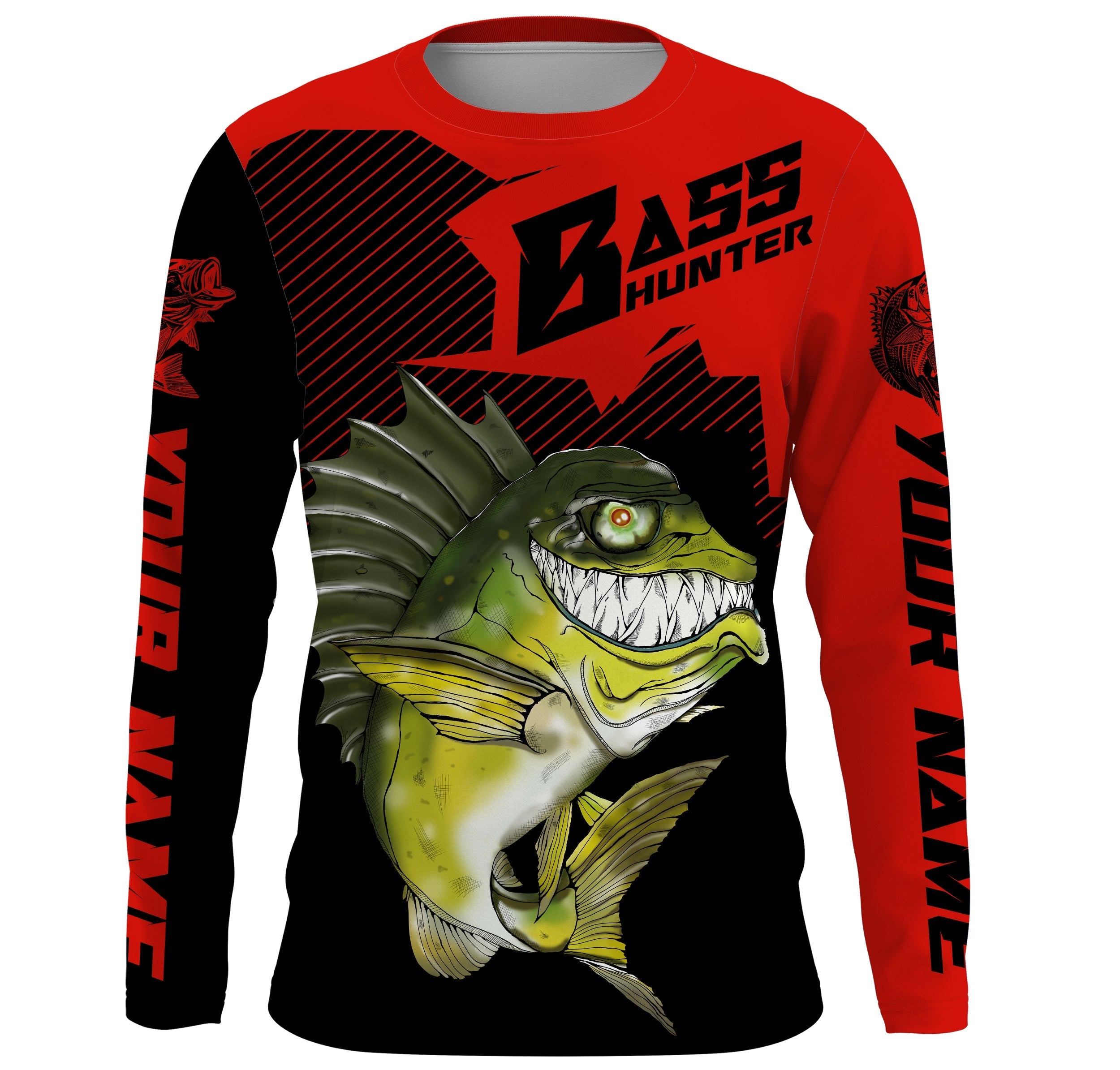 angry-largemouth-bass-custom-long-sleeve-fishing-shirts-bass-hunter-fishing-jerseys-black-red-fishing-long-sleeve-shirts