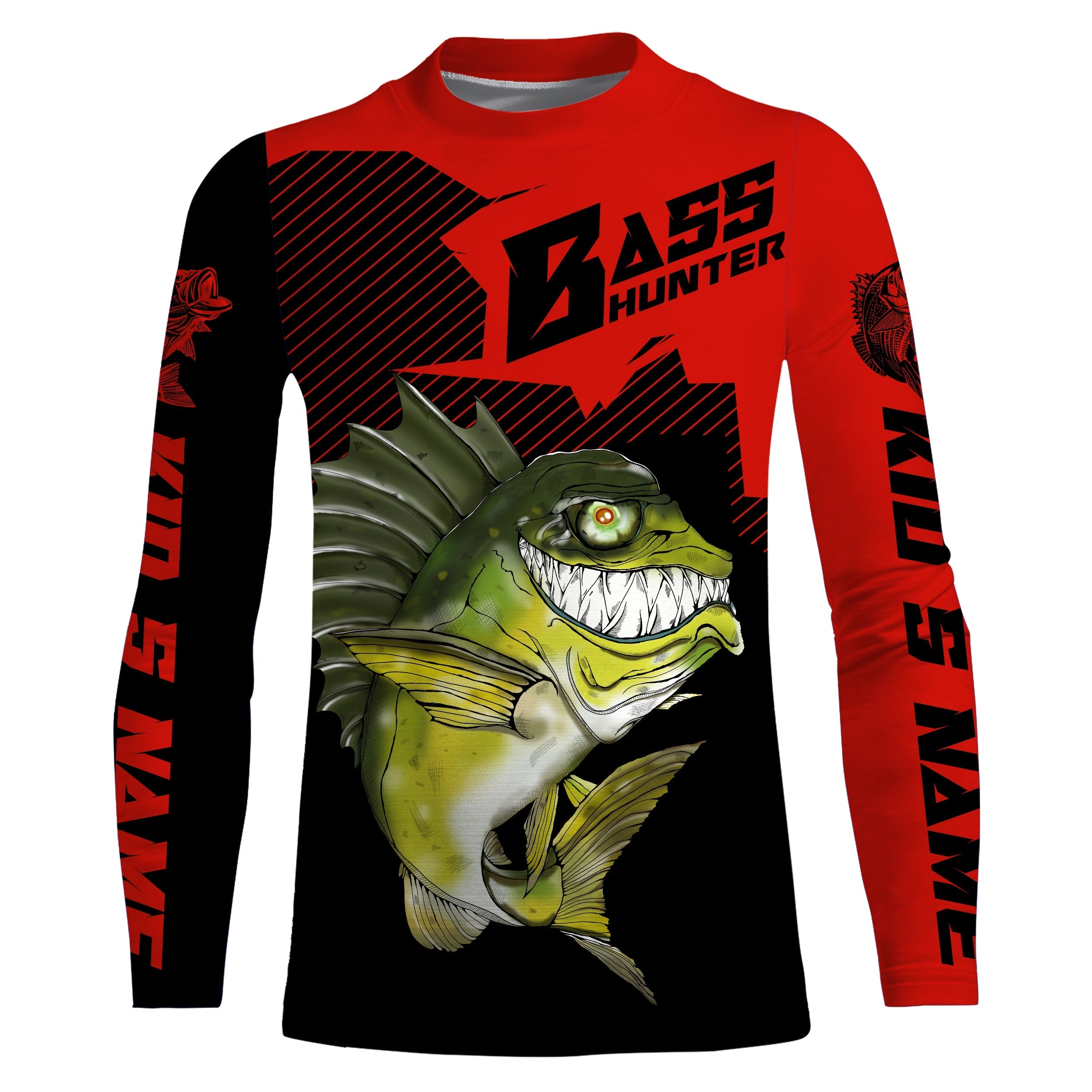 angry-largemouth-bass-custom-long-sleeve-fishing-shirts-bass-hunter-fishing-jerseys-black-red-fishing-long-sleeve-shirts