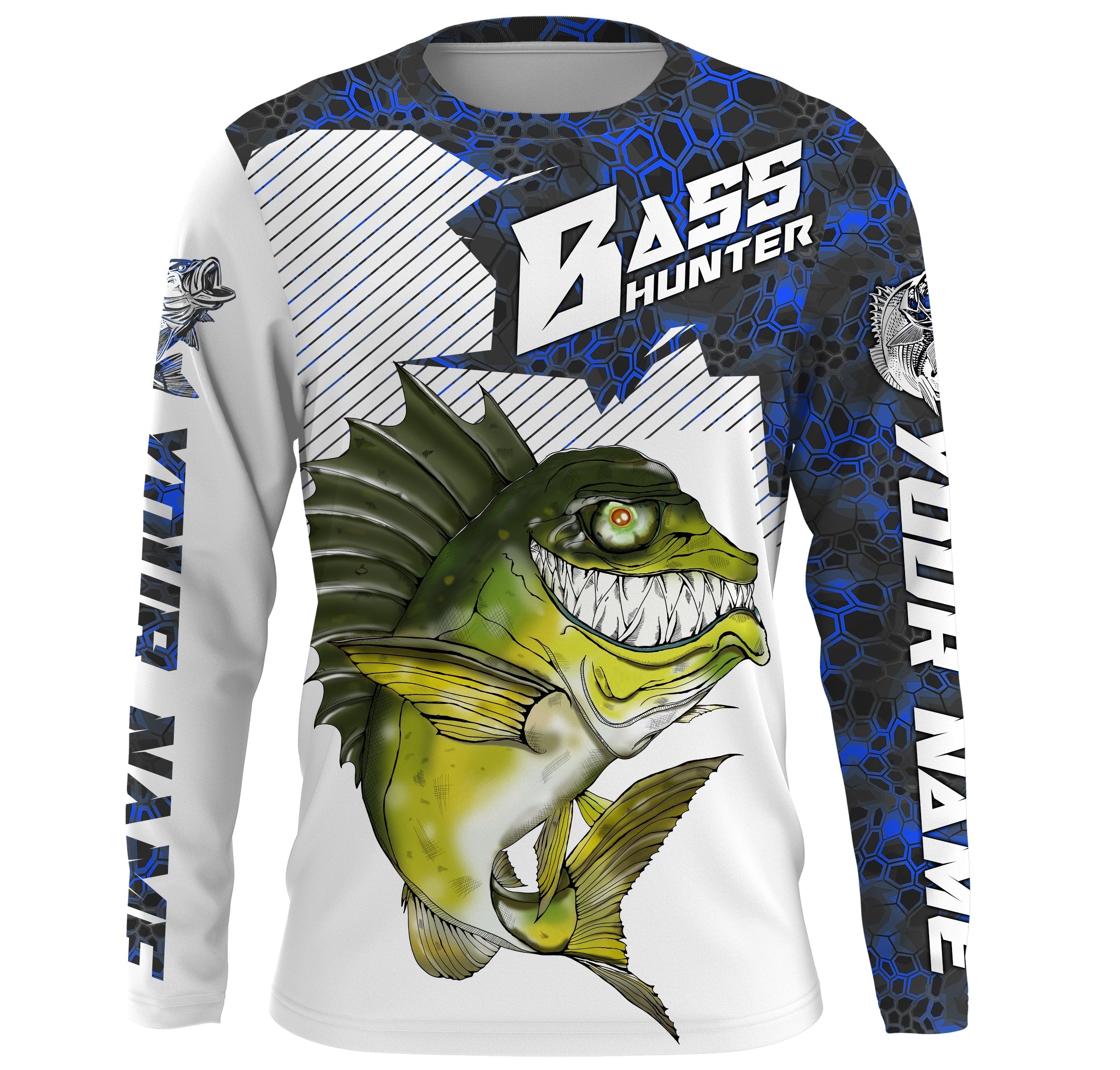 angry-largemouth-bass-custom-long-sleeve-fishing-shirts-bass-hunter-fishing-jerseys-blue-camo-fishing-long-sleeve-shirts