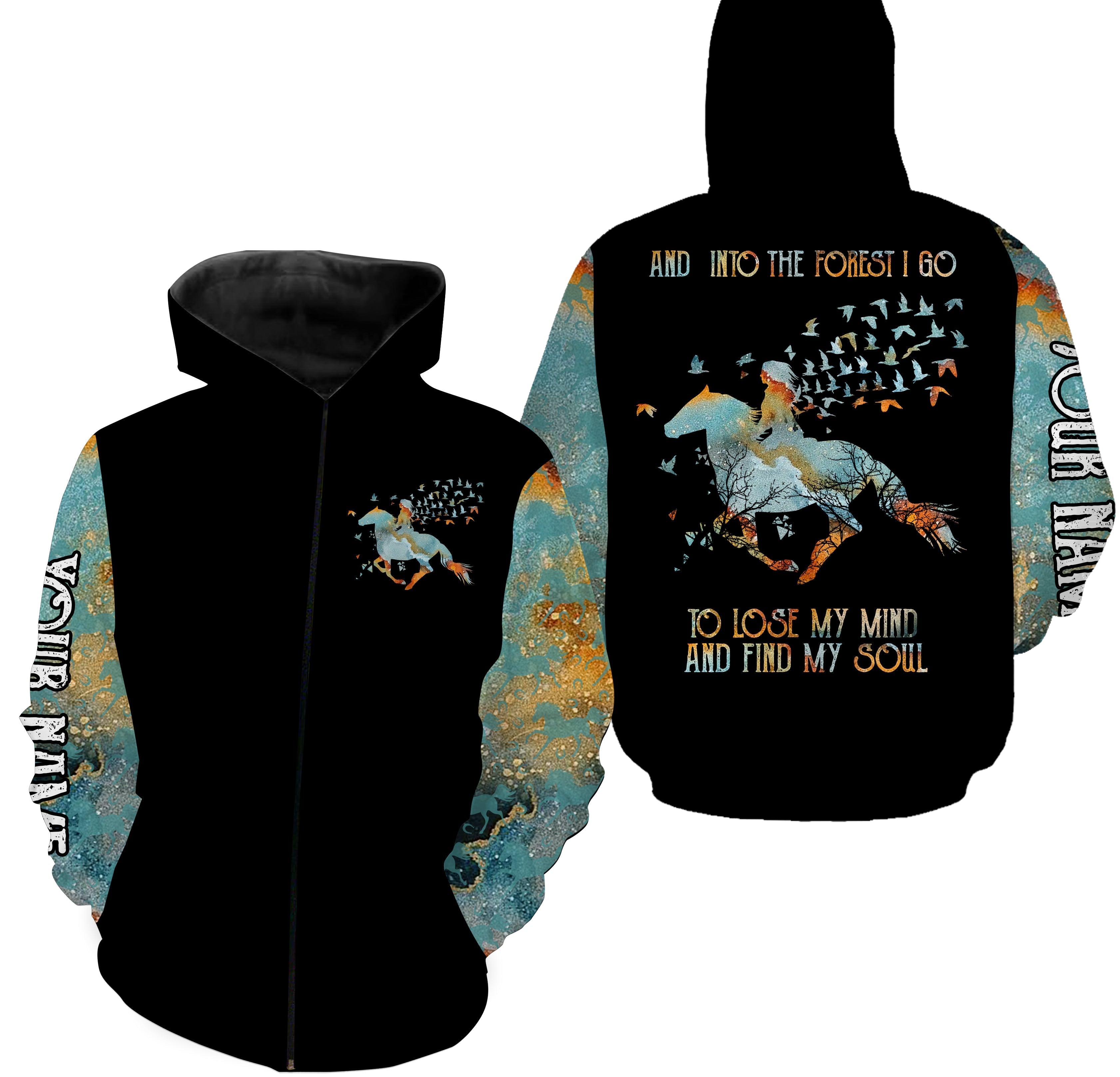 and-into-the-forest-i-go-to-lose-my-mind-and-find-my-soul-custom-name-girl-riding-horse-shirts-fishing-hoodie