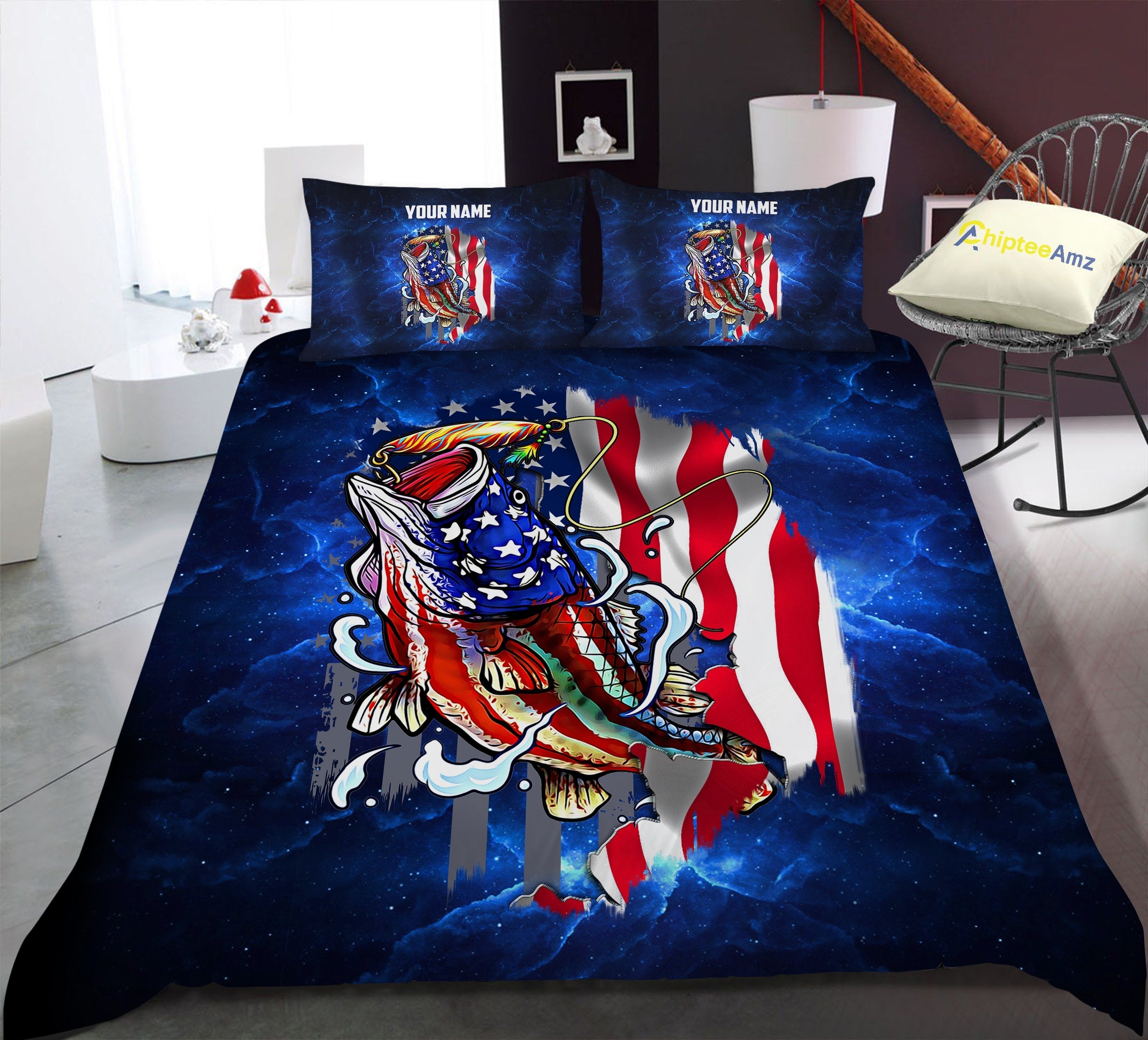 american-flag-patriotic-bass-fishing-blue-galaxy-custom-fishing-bedding-sets-personalized-fishing-gifts-for-fisherman-fishing-bedding-set