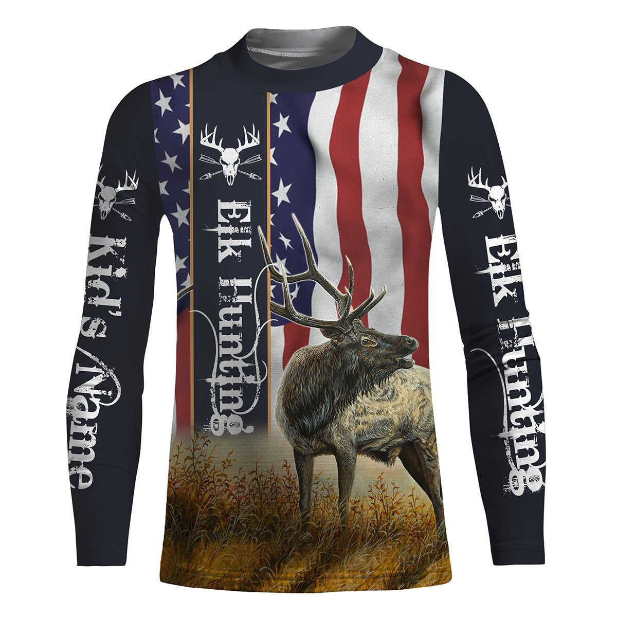 american-elk-hunting-american-flag-patriotic-customized-name-all-over-print-shirts-personalized-hunting-gift-for-men-women-and-kid-fishing-long-sleeve-shirts