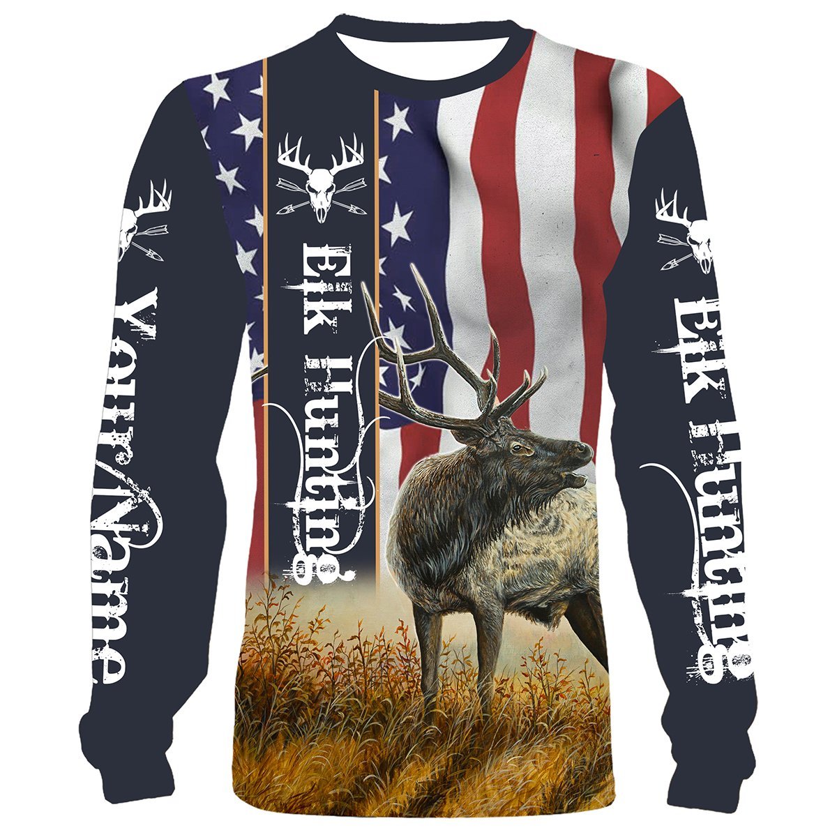 american-elk-hunting-american-flag-patriotic-customized-name-all-over-print-shirts-personalized-hunting-gift-for-men-women-and-kid-fishing-long-sleeve-shirts