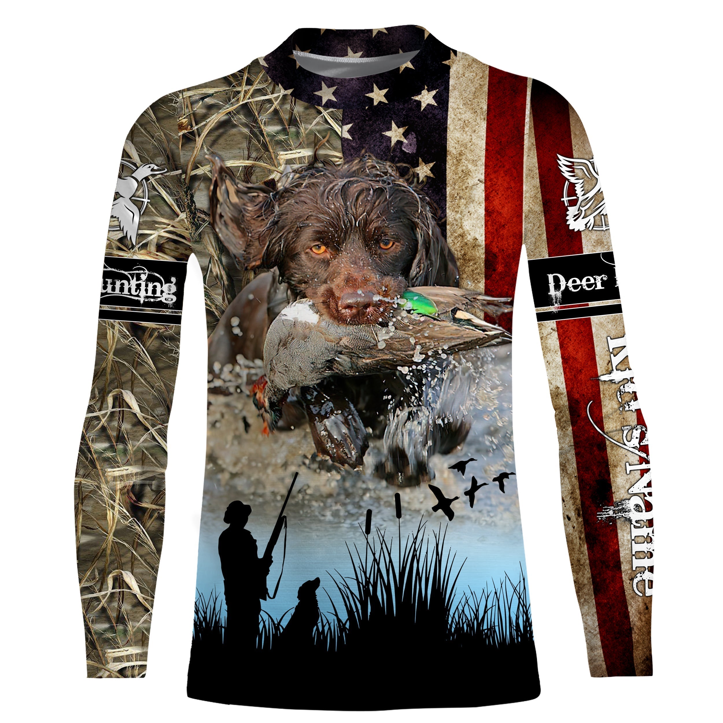 american-flag-boykin-spaniel-duck-hunting-dog-waterfowl-camo-custom-name-3d-hunting-apparel-fishing-long-sleeve-shirts