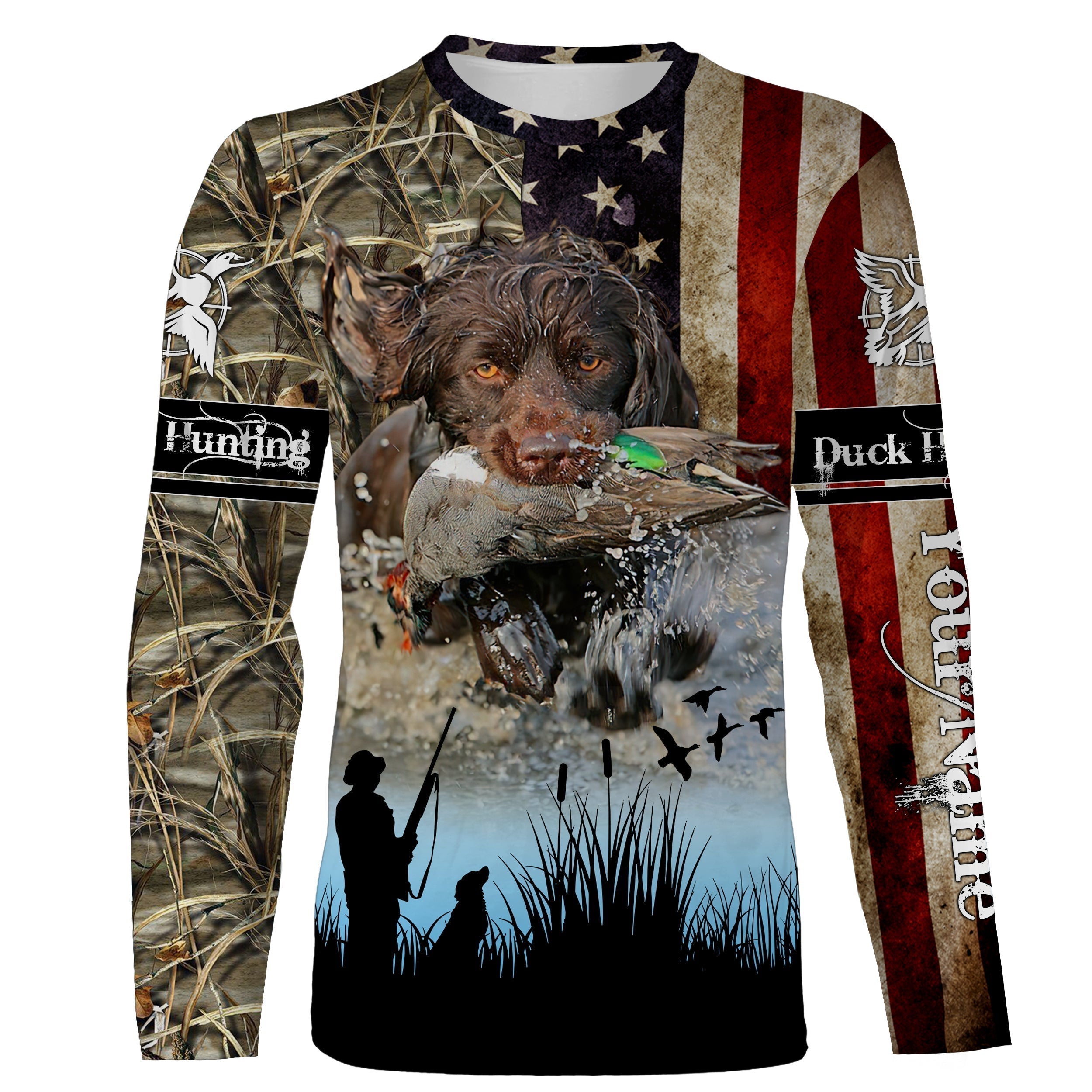 american-flag-boykin-spaniel-duck-hunting-dog-waterfowl-camo-custom-name-3d-hunting-apparel-fishing-long-sleeve-shirts