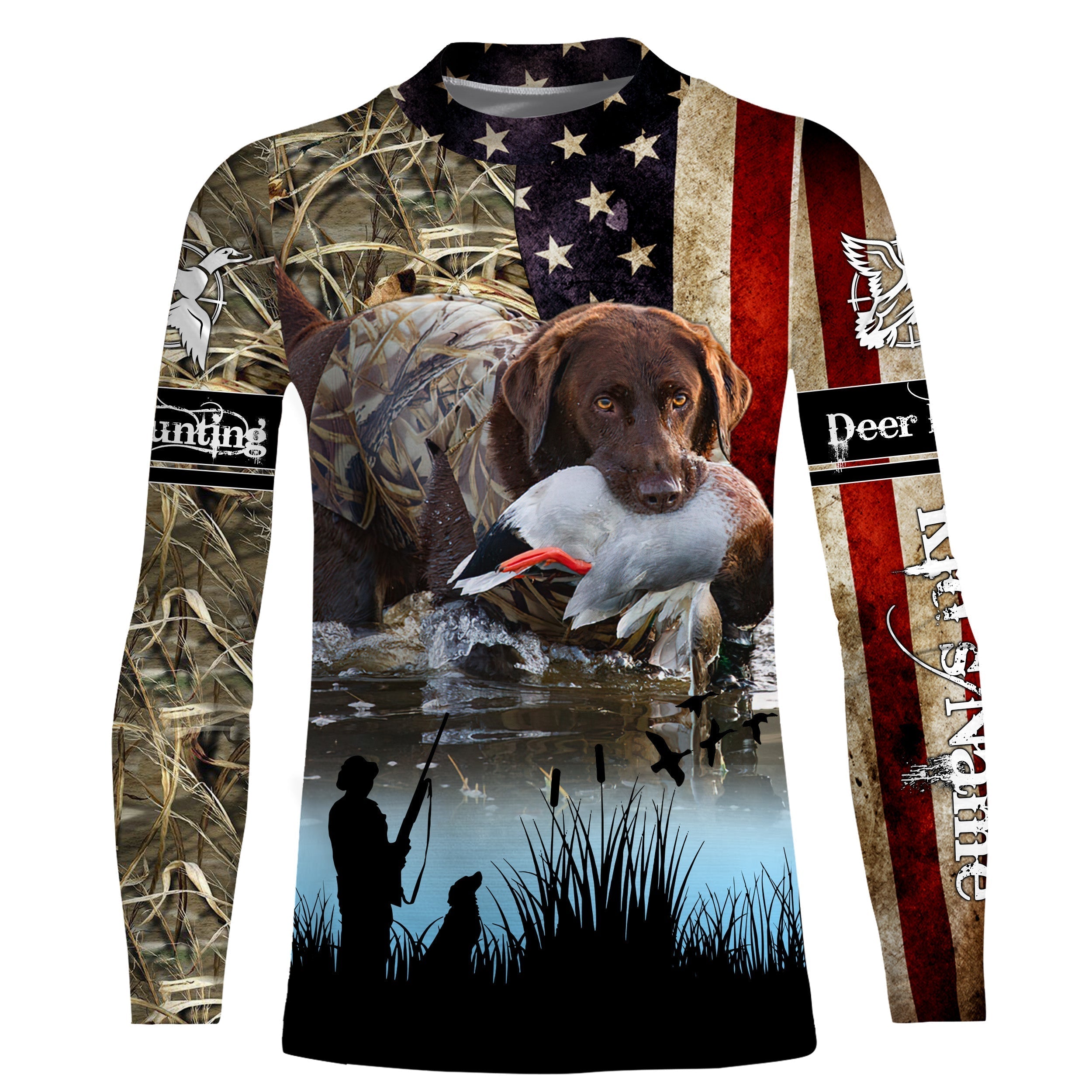 american-flag-chocolate-lab-duck-hunting-dog-waterfowl-camo-custom-name-3d-hunting-apparel-fishing-long-sleeve-shirts