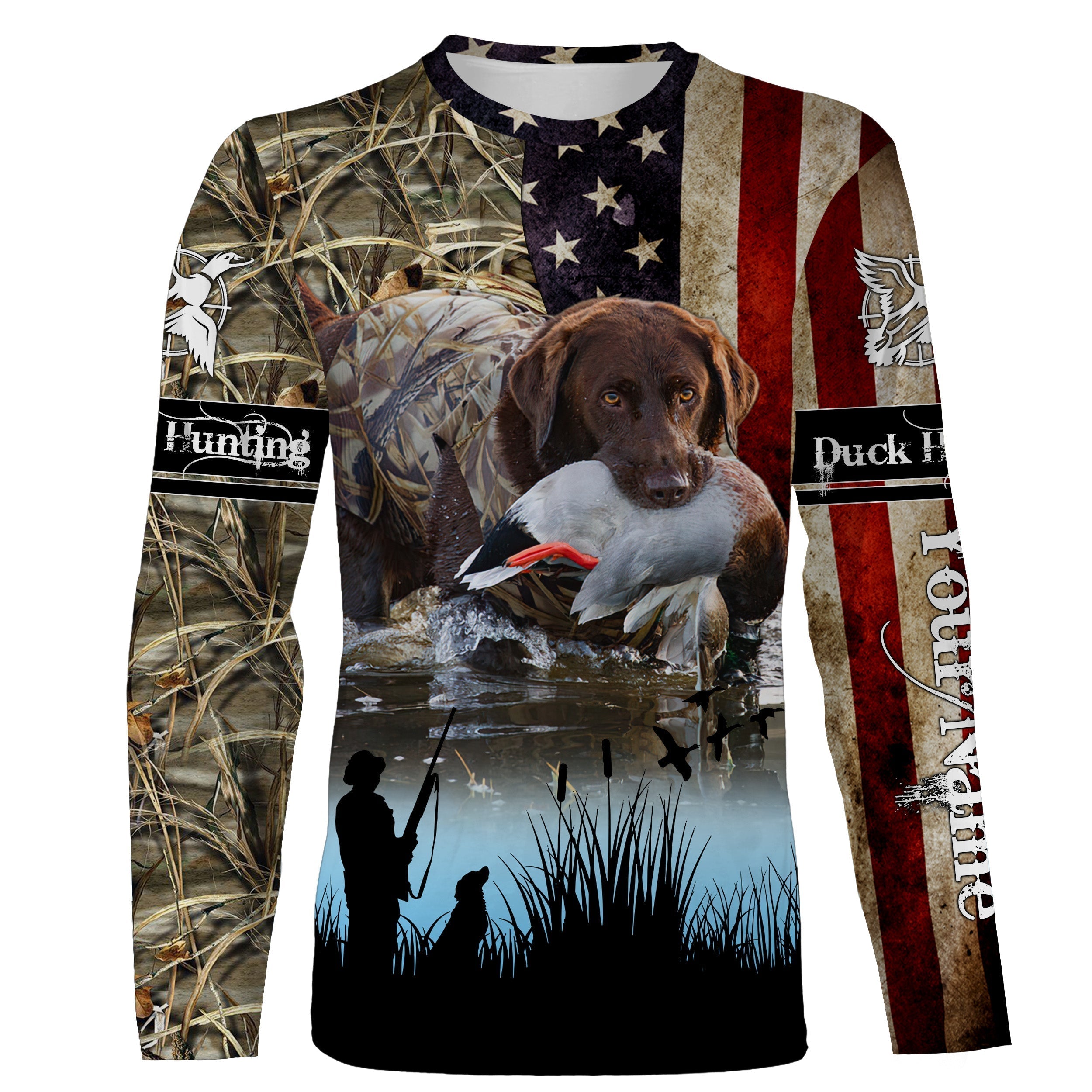 american-flag-chocolate-lab-duck-hunting-dog-waterfowl-camo-custom-name-3d-hunting-apparel-fishing-long-sleeve-shirts