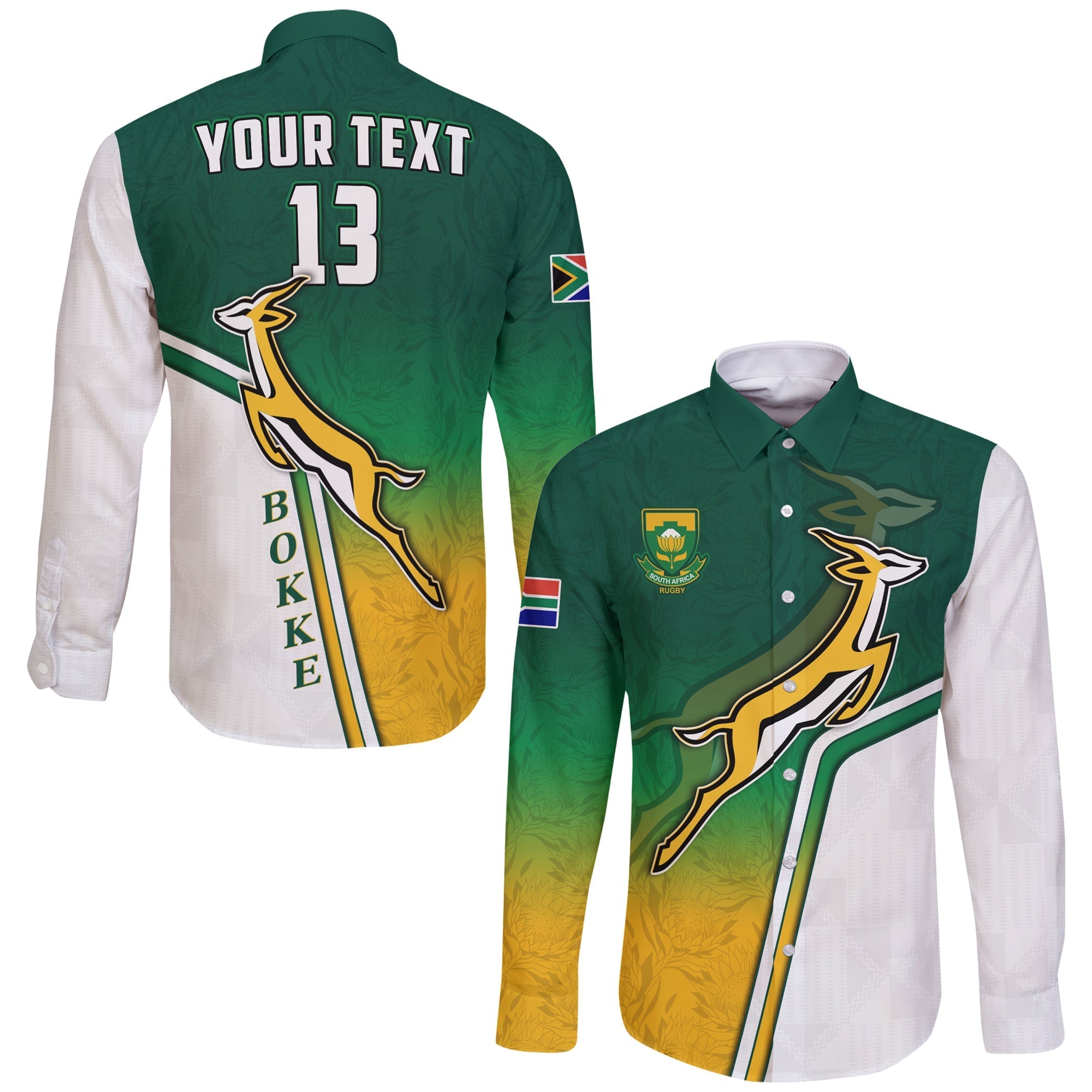 custom-text-and-number-south-africa-rugby-long-sleeve-button-shirt-protea-flower-springboks-go-bokke