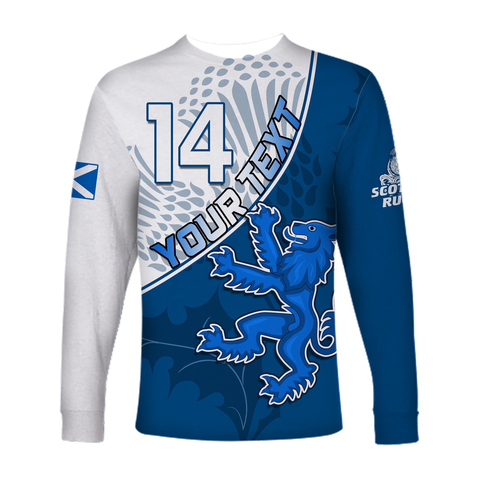 (Custom Text and Number) Scotland Rugby Long Sleeve Shirt Scottish Coat Of Arms Mix Thistle Newest Version LT14