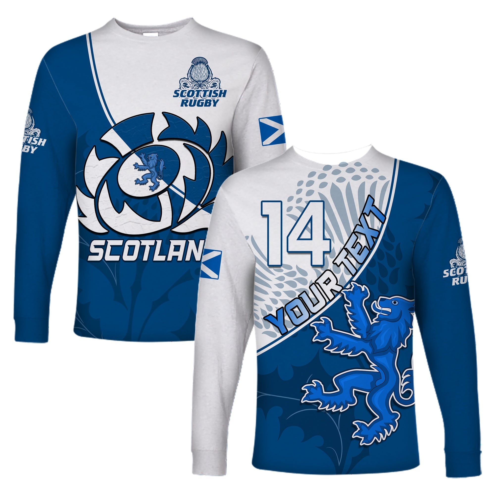 (Custom Text and Number) Scotland Rugby Long Sleeve Shirt Scottish Coat Of Arms Mix Thistle Newest Version LT14