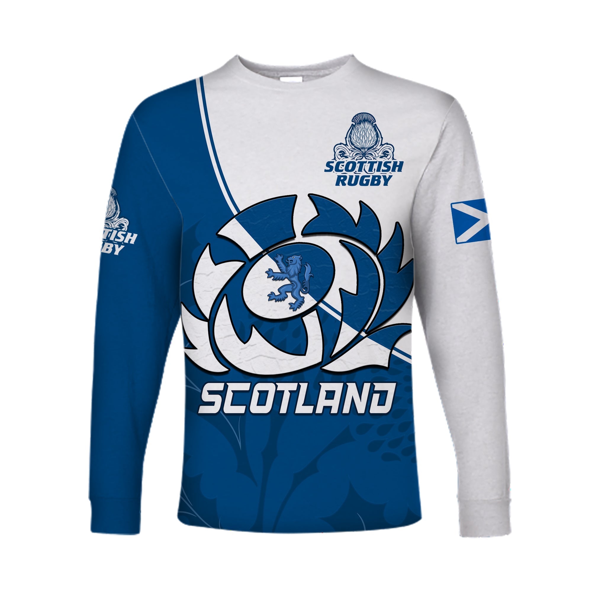 (Custom Text and Number) Scotland Rugby Long Sleeve Shirt Scottish Coat Of Arms Mix Thistle Newest Version LT14