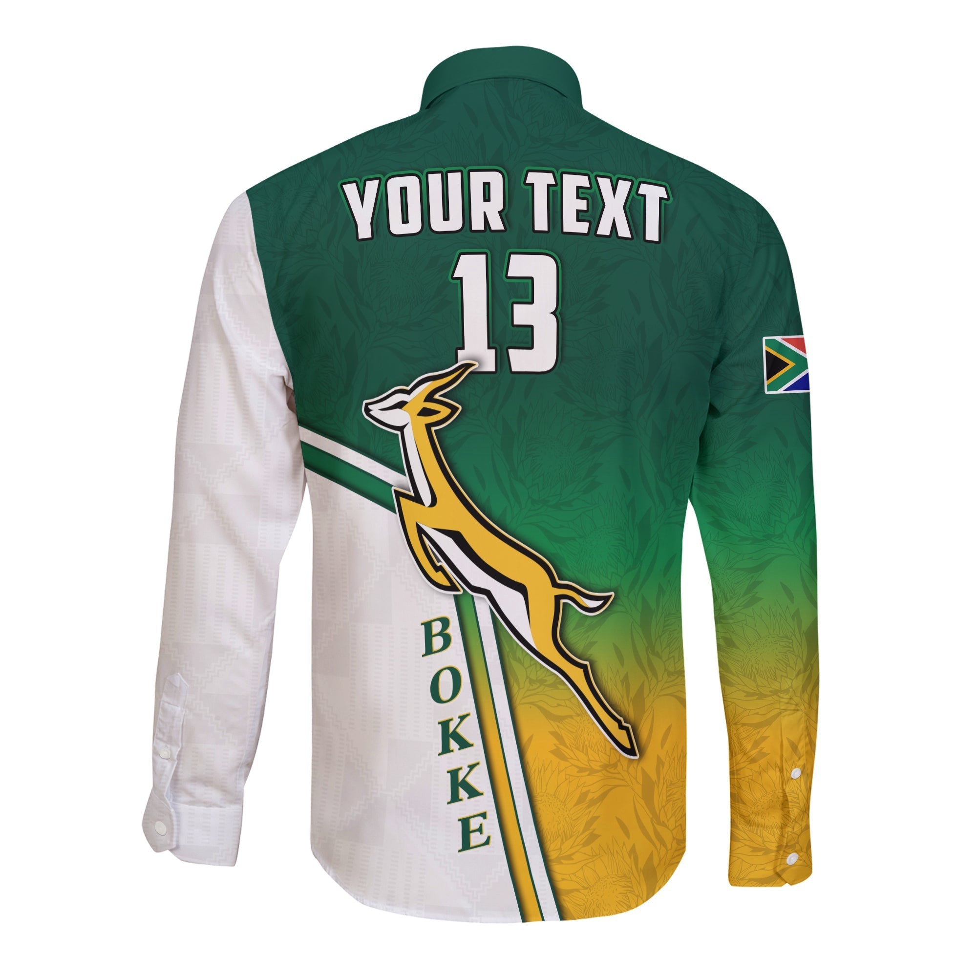 custom-text-and-number-south-africa-rugby-long-sleeve-button-shirt-protea-flower-springboks-go-bokke