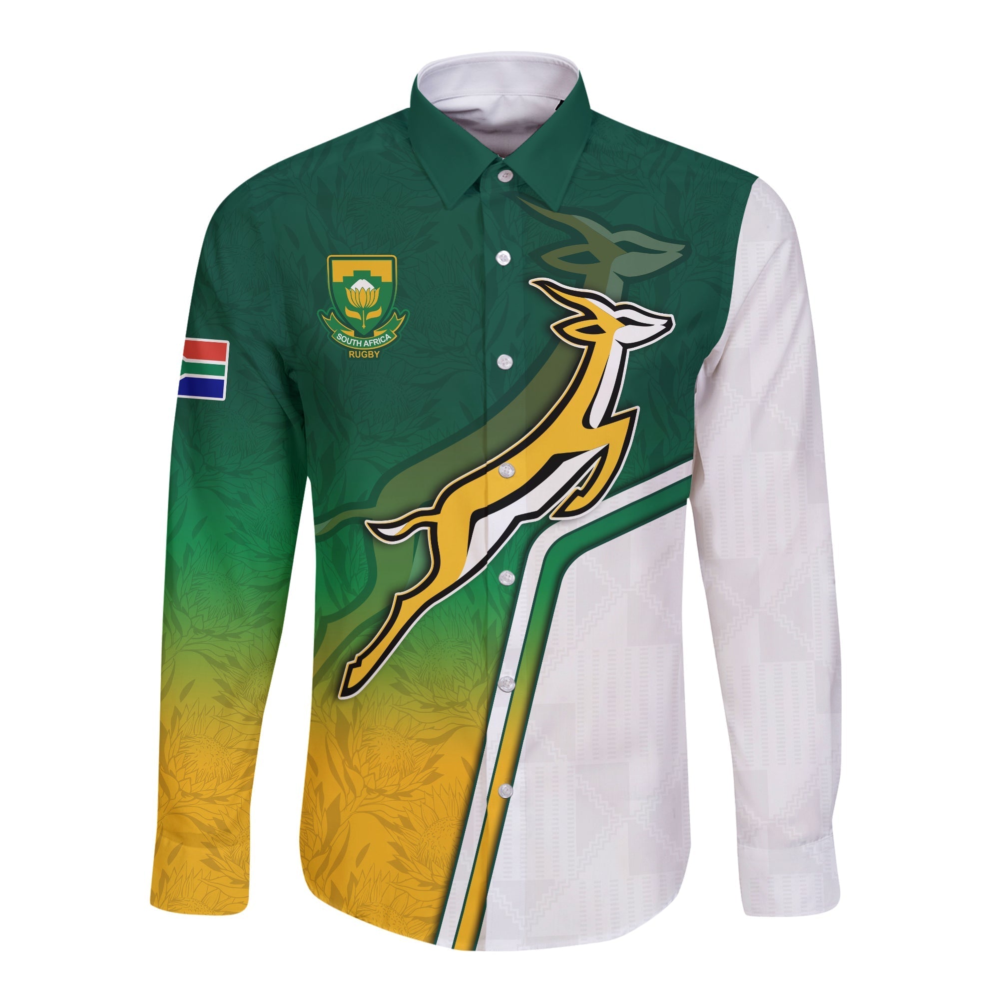 custom-text-and-number-south-africa-rugby-long-sleeve-button-shirt-protea-flower-springboks-go-bokke