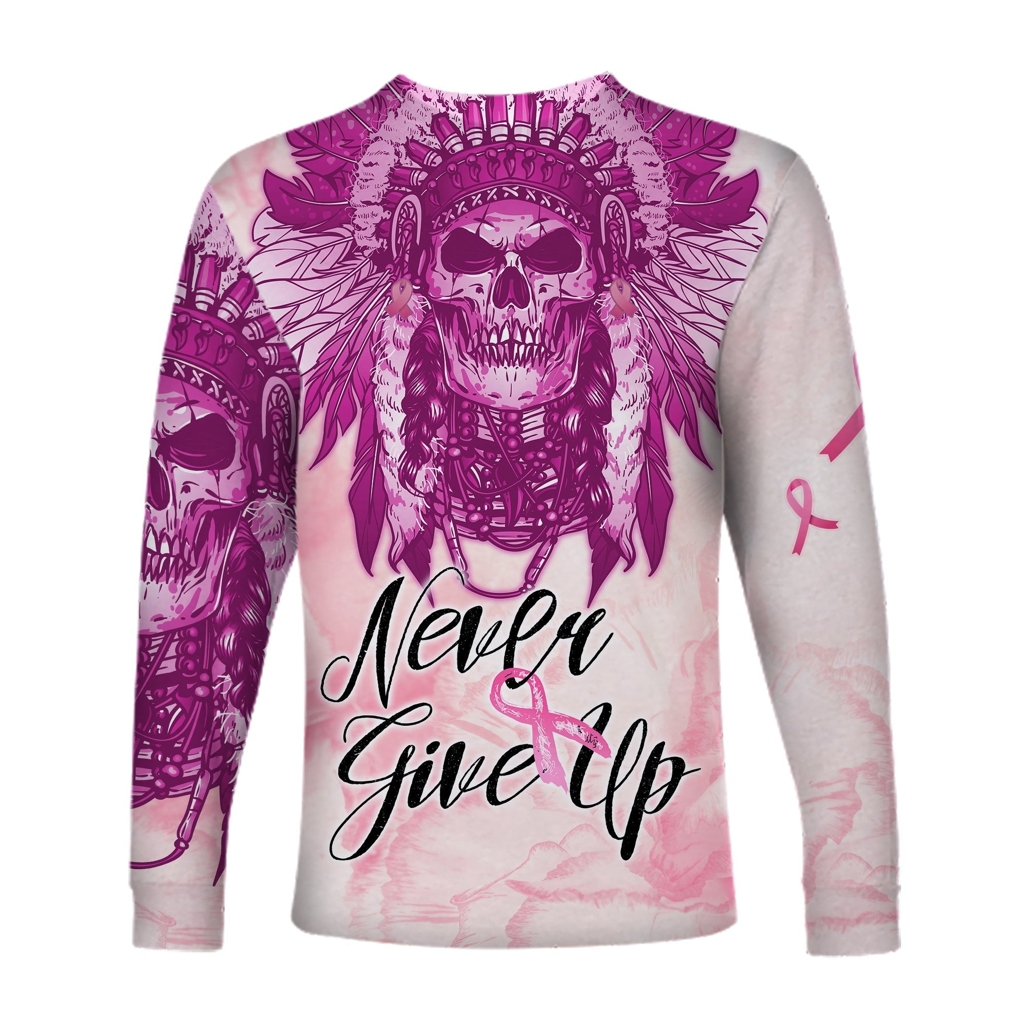 pink-power-breast-cancer-long-sleeve-shirt-never-give-up-native-american-skull