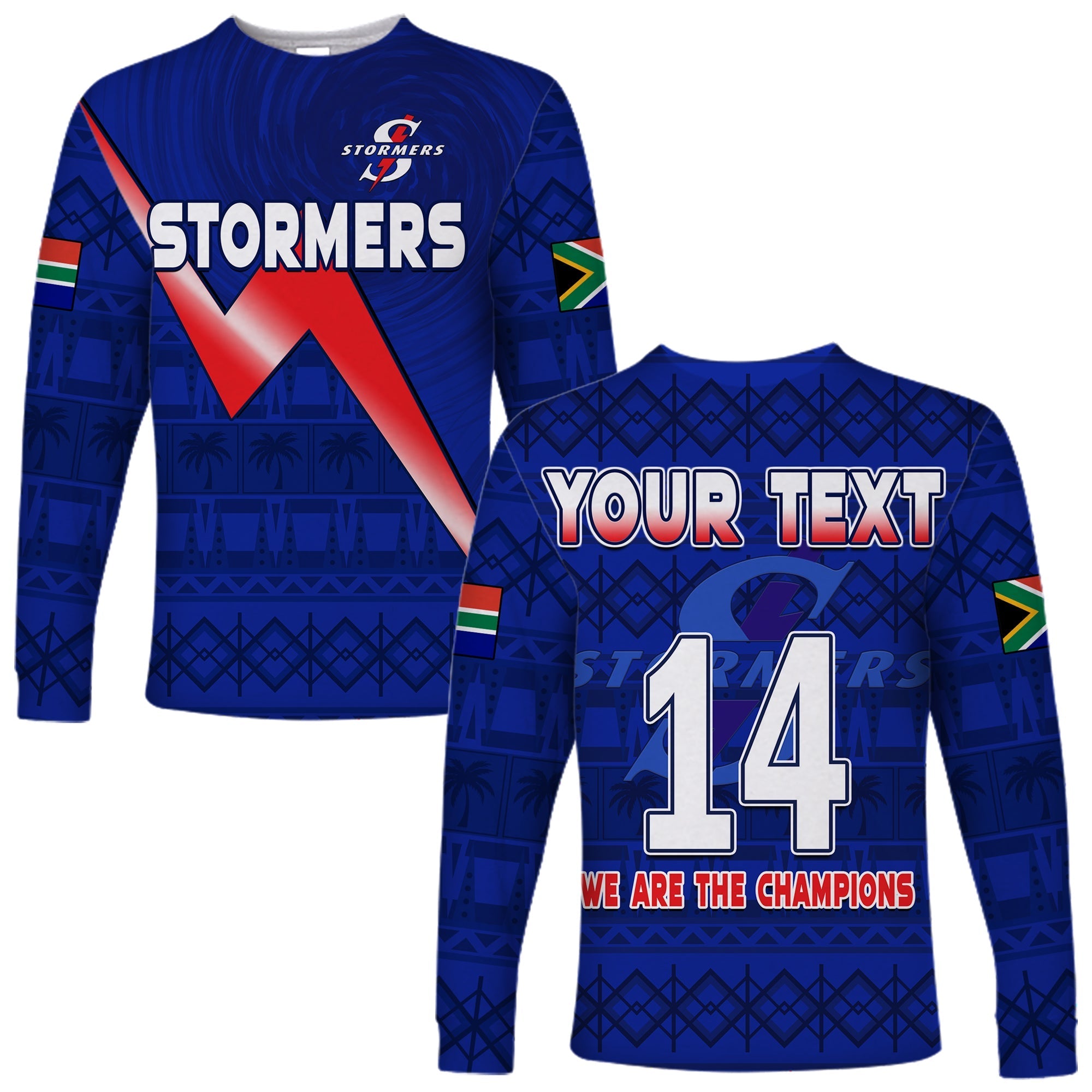 custom-text-and-number-stormers-south-africa-rugby-long-sleeve-shirt-we-are-the-champions-urc-african-pattern