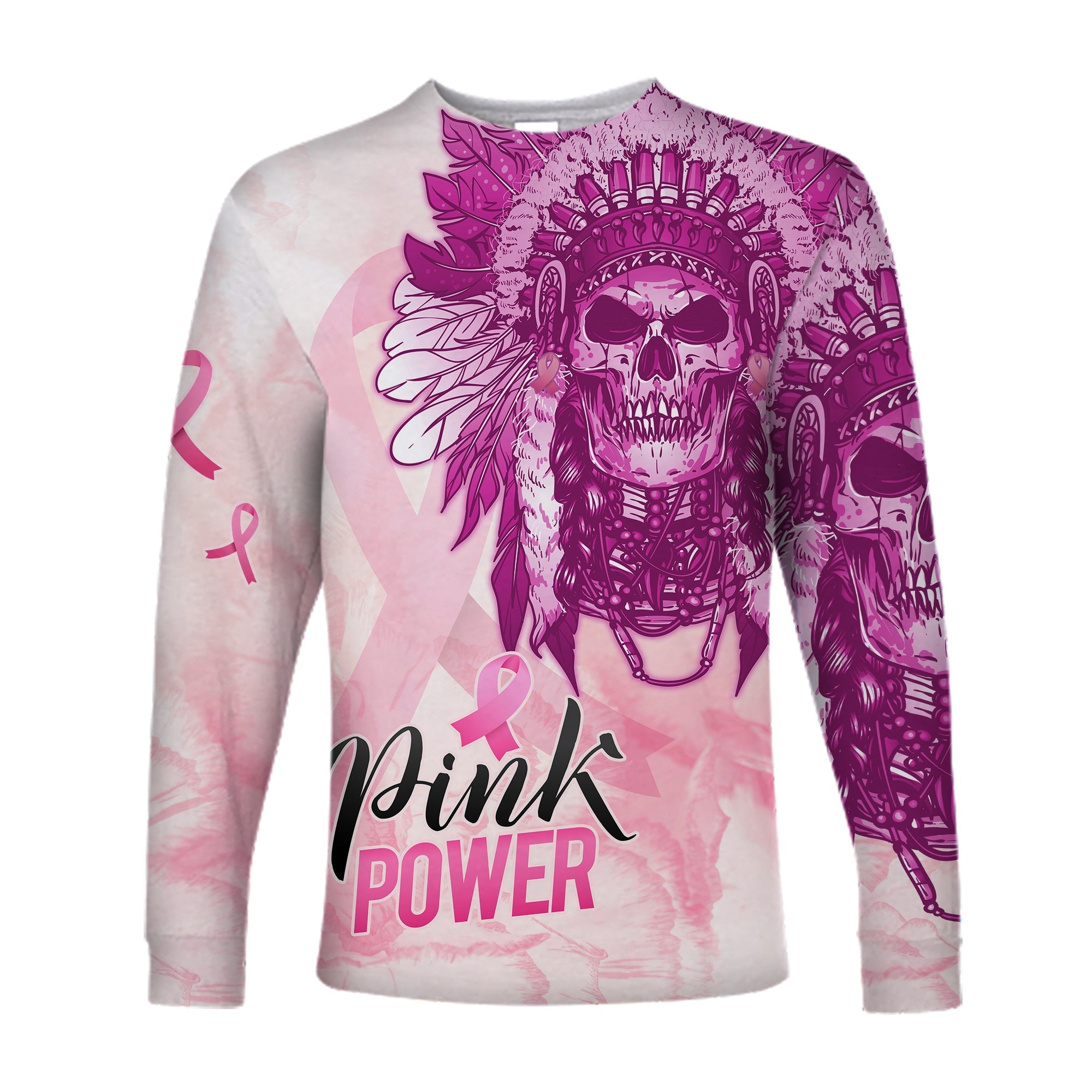 pink-power-breast-cancer-long-sleeve-shirt-never-give-up-native-american-skull