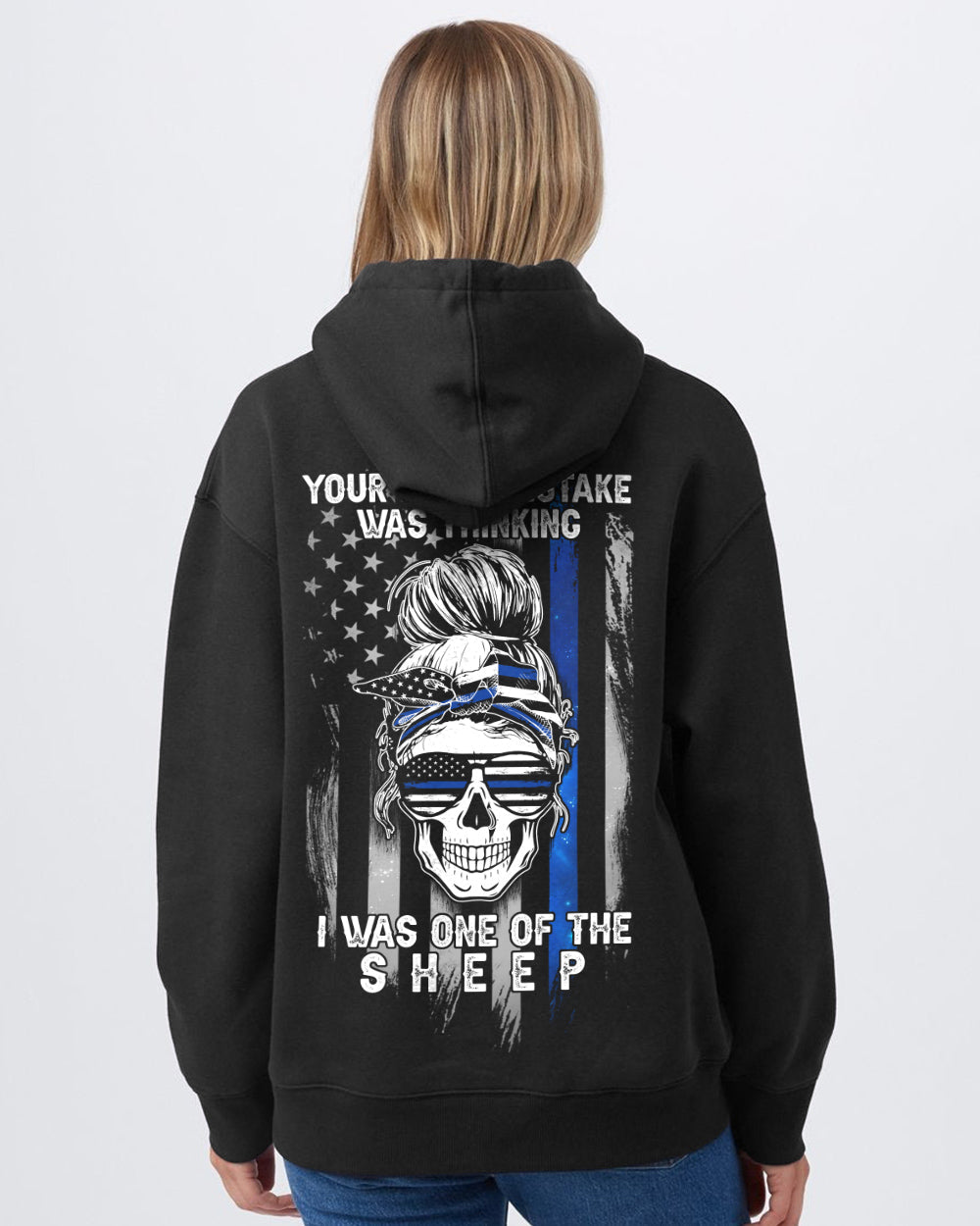 your-first-mistake-was-thinking-thin-blue-line-messy-bun-womens-skull-hoodie