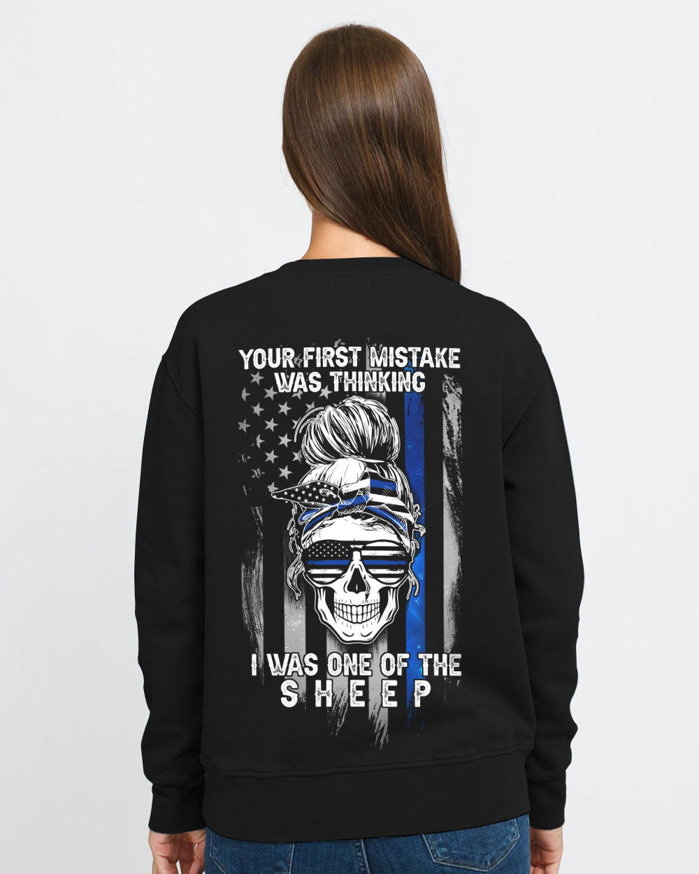 your-first-mistake-was-thinking-thin-blue-line-messy-bun-womens-skull-sweatshirt