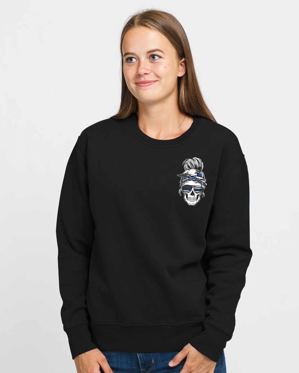 your-first-mistake-was-thinking-thin-blue-line-messy-bun-womens-skull-sweatshirt