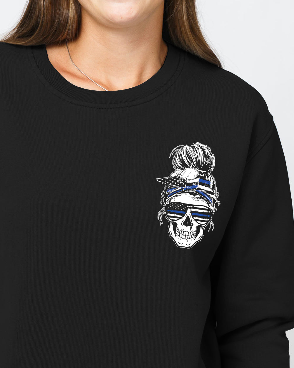 your-first-mistake-was-thinking-thin-blue-line-messy-bun-womens-skull-sweatshirt