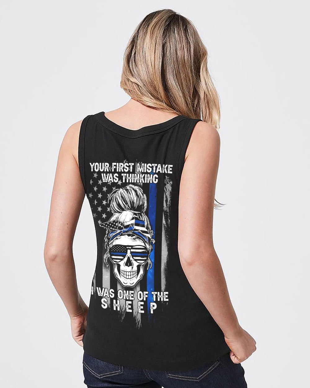 your-first-mistake-was-thinking-thin-blue-line-messy-bun-womens-skull-tank-top