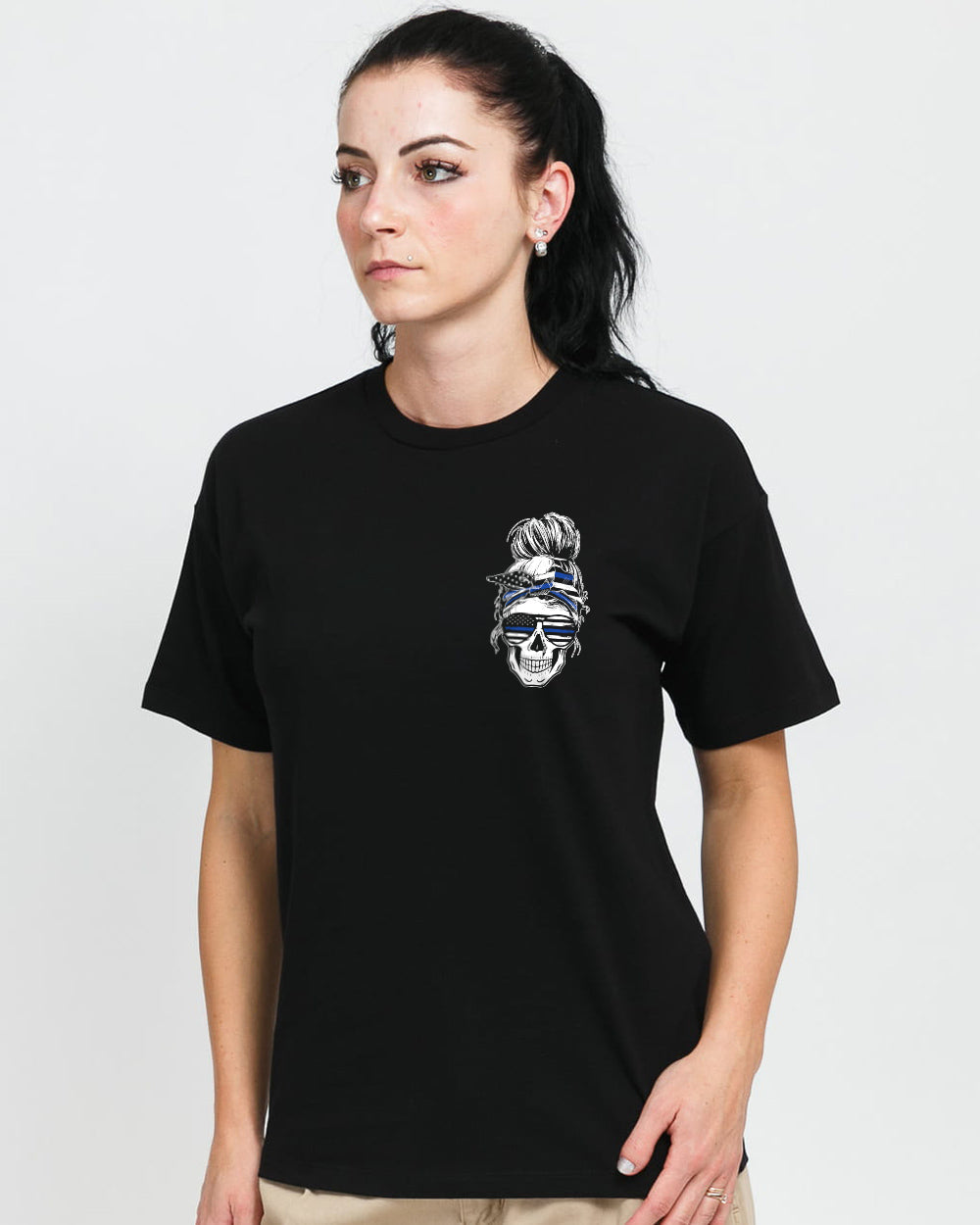 your-first-mistake-was-thinking-thin-blue-line-messy-bun-womens-skull-t-shirt