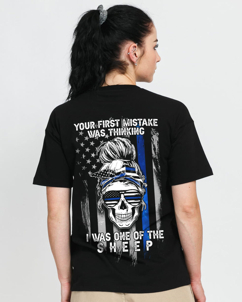 your-first-mistake-was-thinking-thin-blue-line-messy-bun-womens-skull-t-shirt