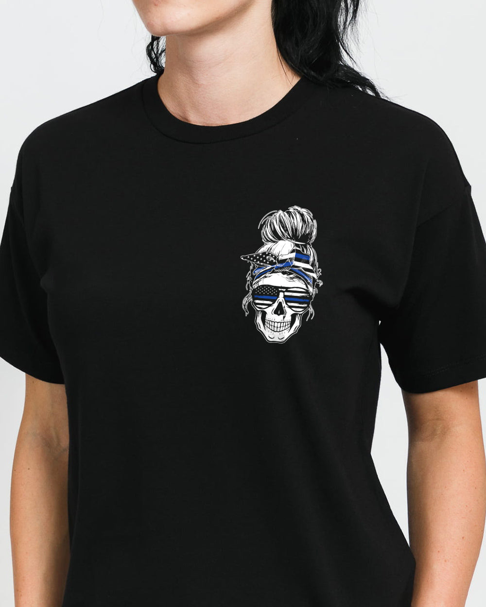 your-first-mistake-was-thinking-thin-blue-line-messy-bun-womens-skull-t-shirt