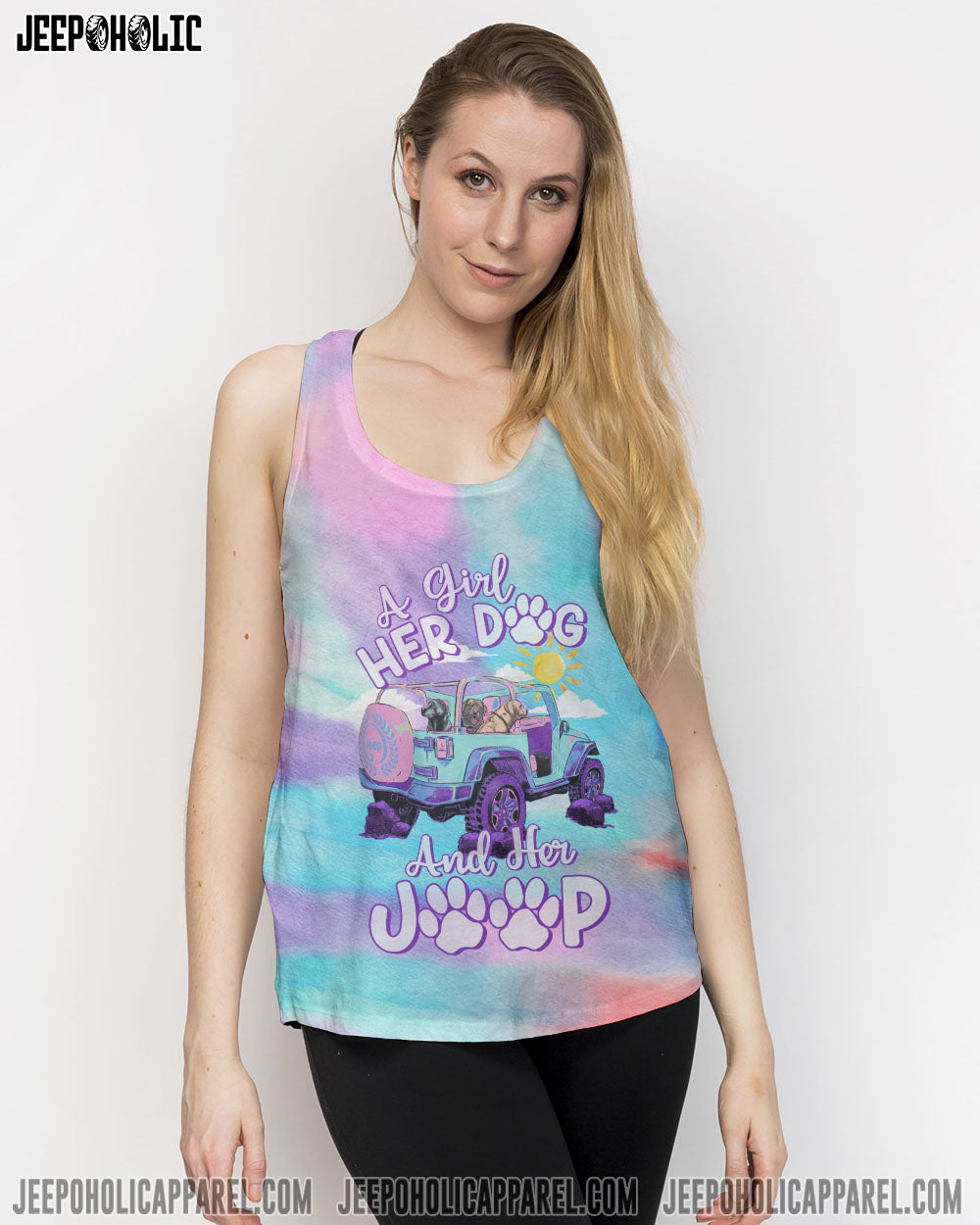 A Girl Her Dog And Her Jeep Pastel Tie Dye All Over Print