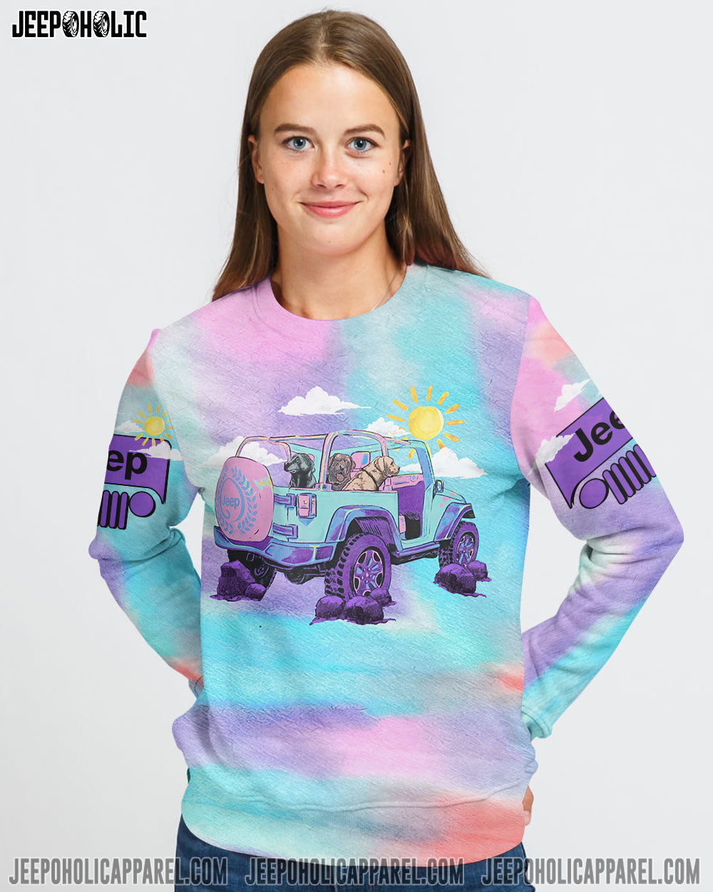 A Girl Her Dog And Her Jeep Pastel Tie Dye All Over Print