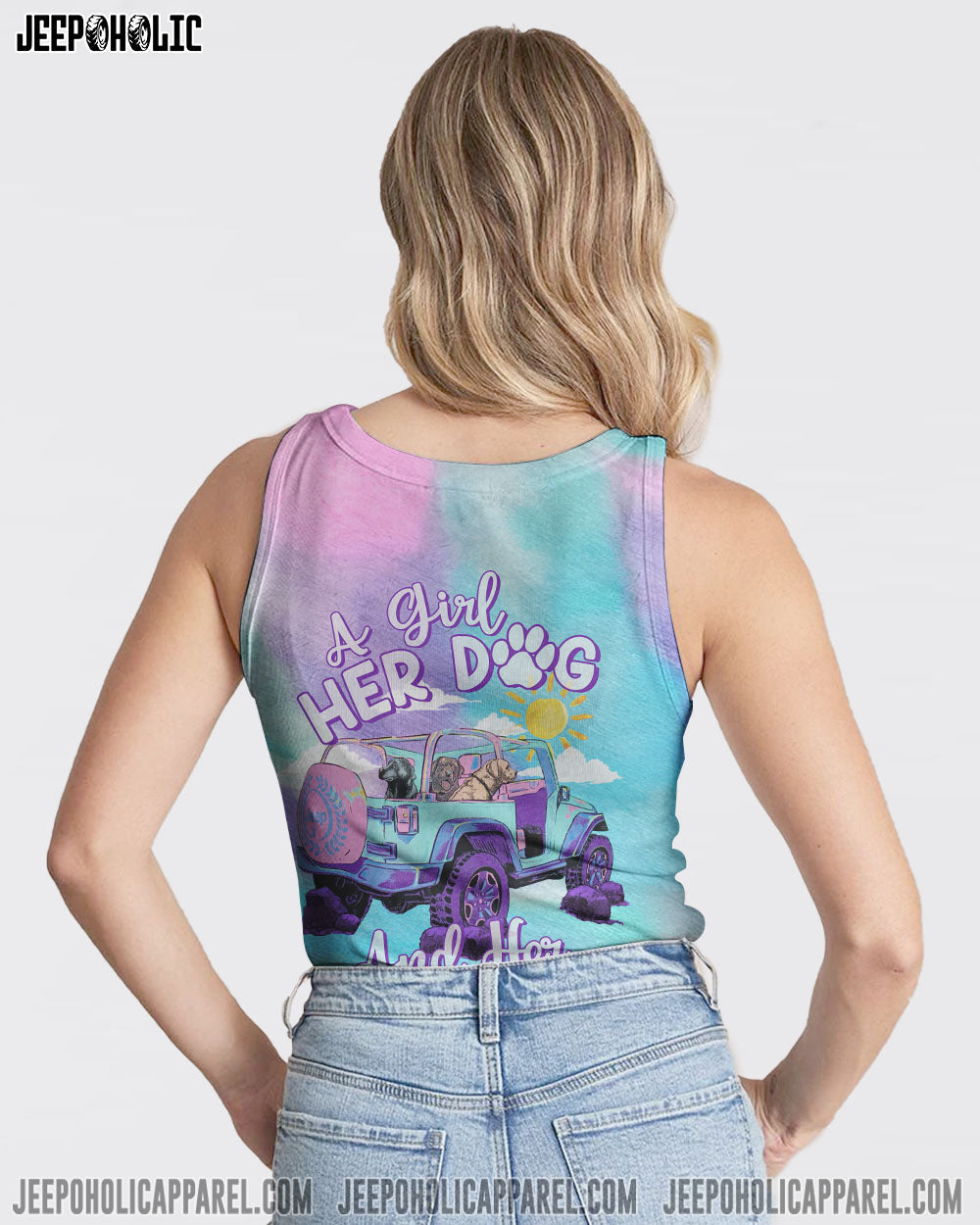 A Girl Her Dog And Her Jeep Pastel Tie Dye All Over Print