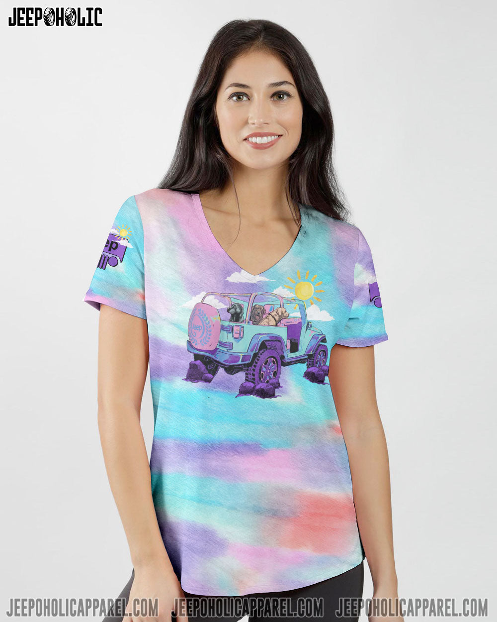 A Girl Her Dog And Her Jeep Pastel Tie Dye All Over Print