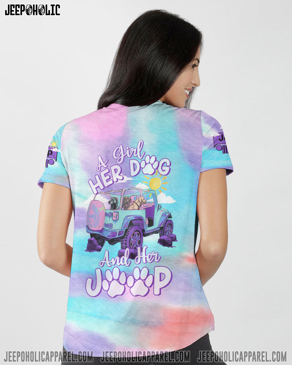 A Girl Her Dog And Her Jeep Pastel Tie Dye All Over Print