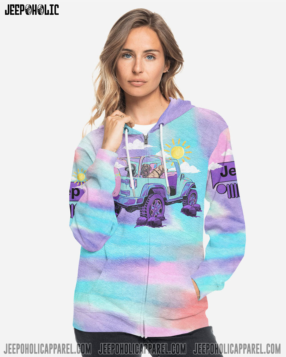 A Girl Her Dog And Her Jeep Pastel Tie Dye All Over Print