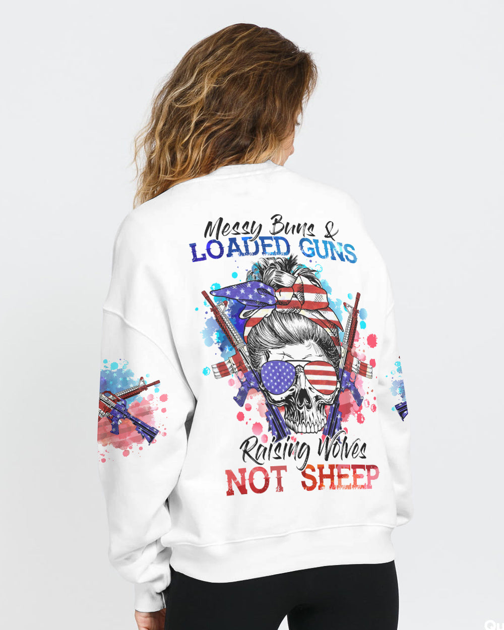 messy-bun-and-loaded-guns-skull-headband-womens-patriotic-sweatshirt