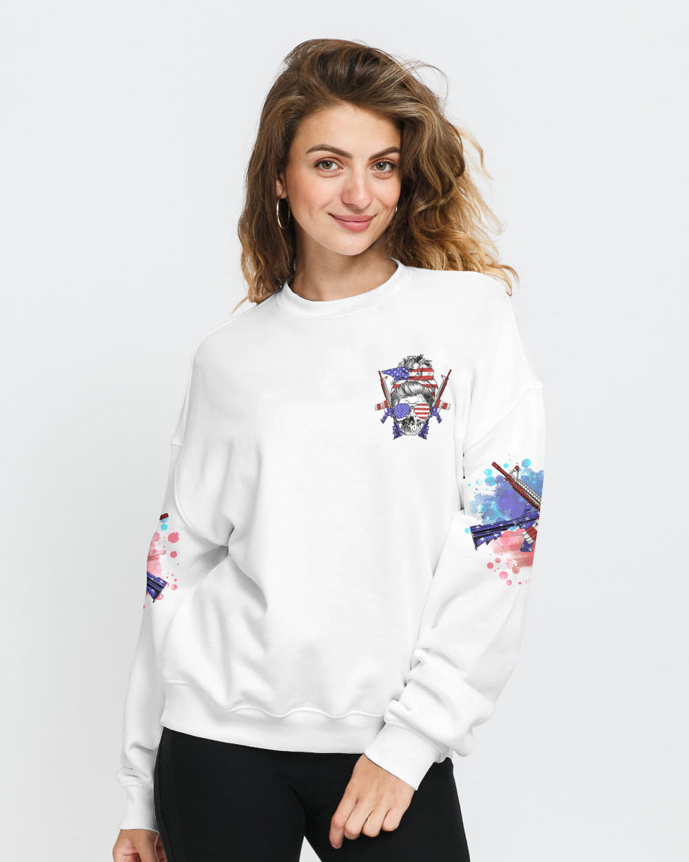 messy-bun-and-loaded-guns-skull-headband-womens-patriotic-sweatshirt