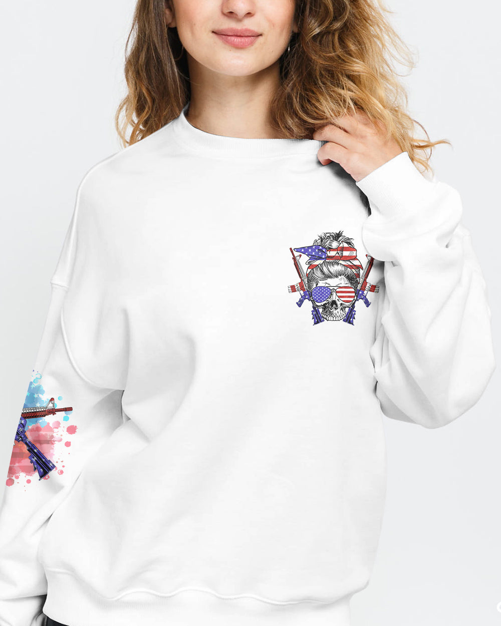 messy-bun-and-loaded-guns-skull-headband-womens-patriotic-sweatshirt