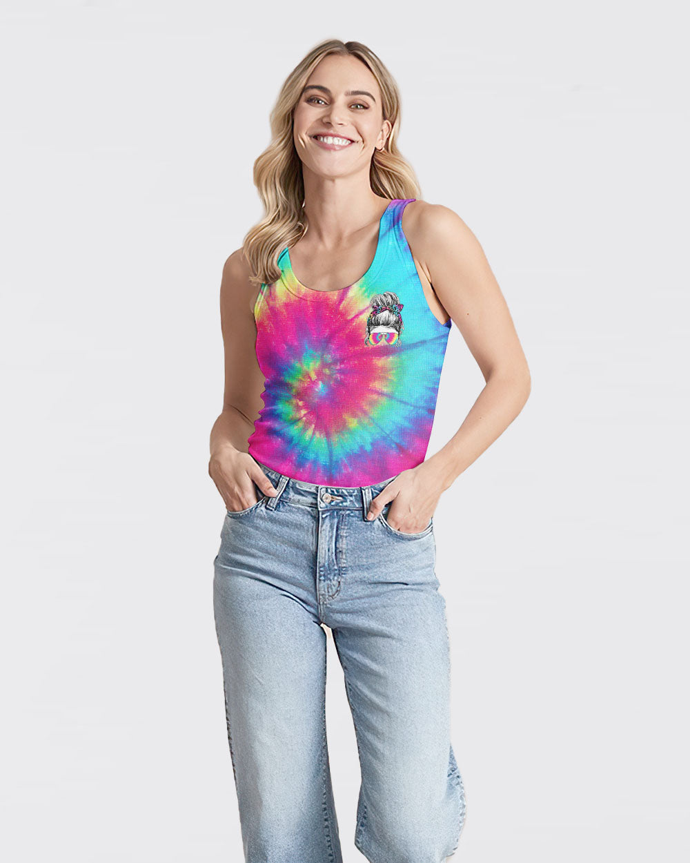 one-loved-mama-messy-bun-tie-dye-womens-skull-tank-top