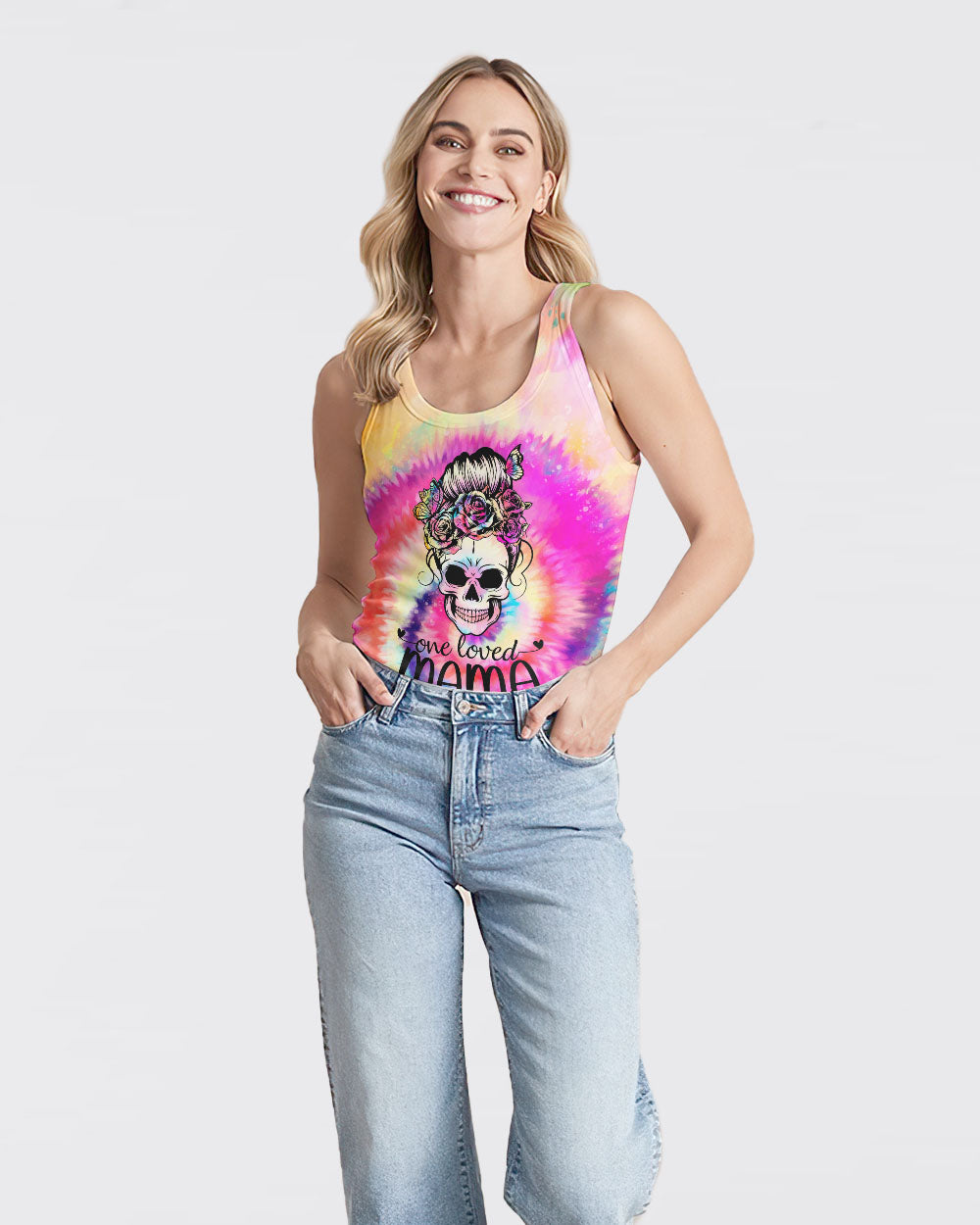 one-loved-mama-messy-bun-tie-dye-womens-skull-tank-top