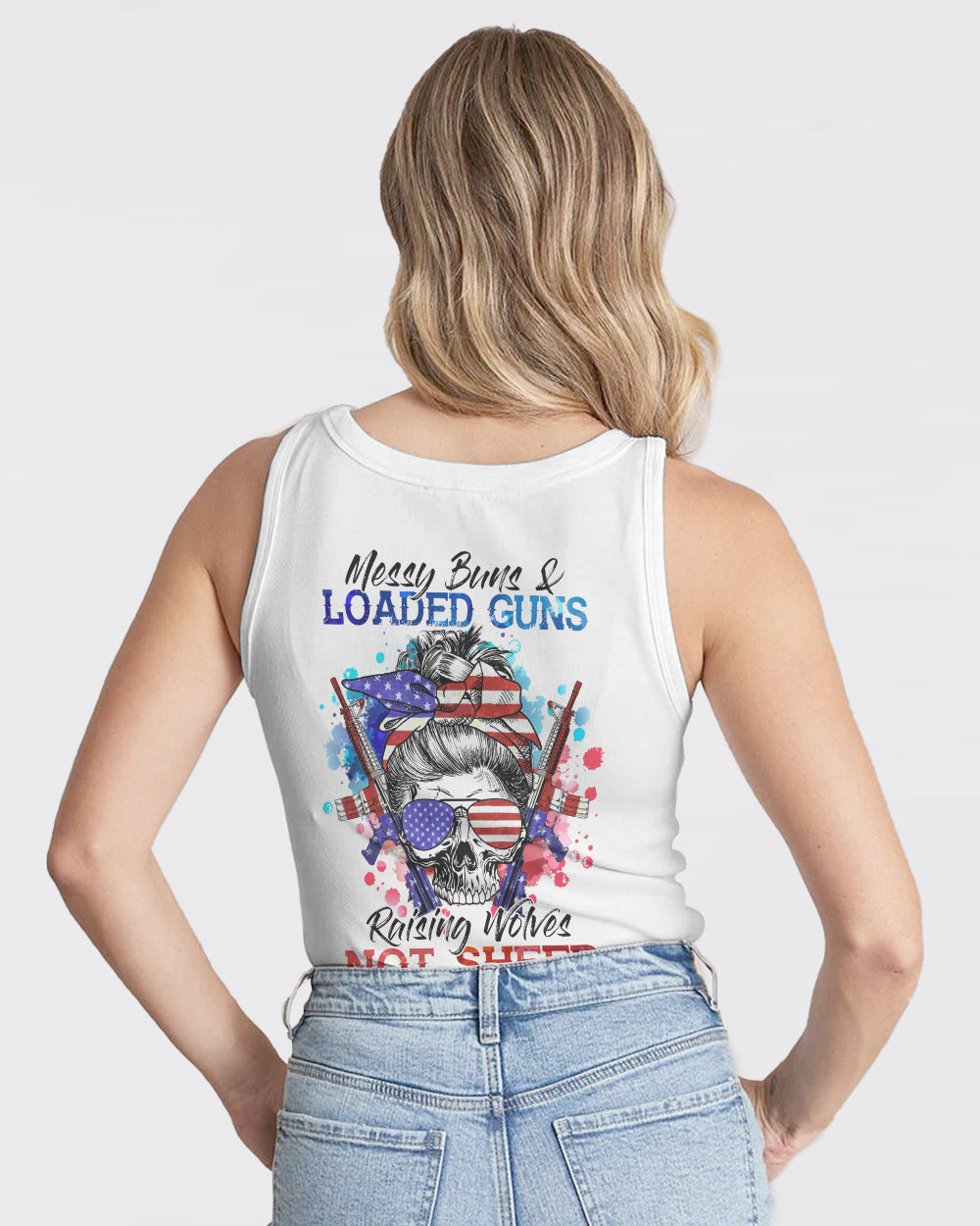 messy-bun-and-loaded-guns-skull-headband-womens-patriotic-tank-top