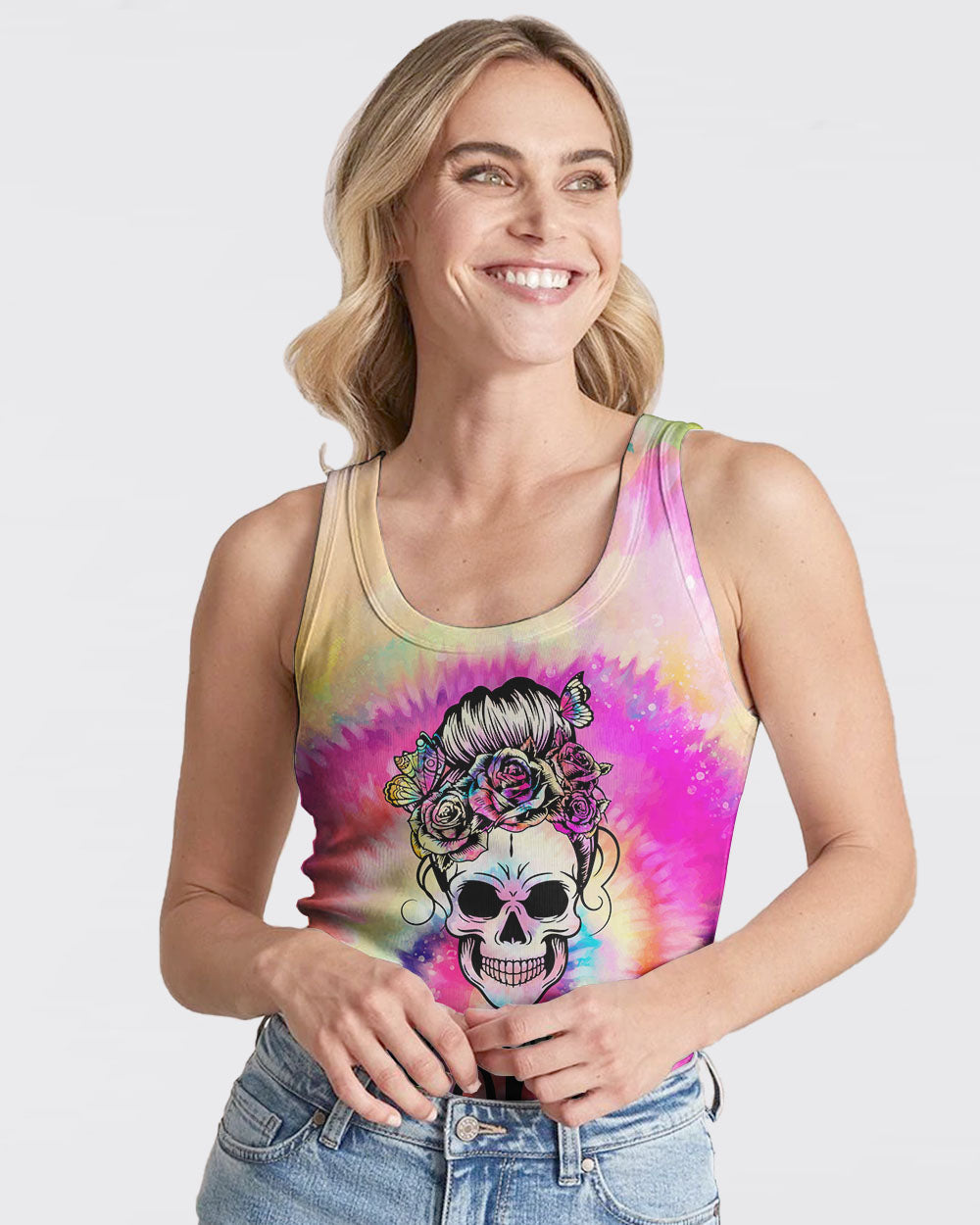 one-loved-mama-messy-bun-tie-dye-womens-skull-tank-top