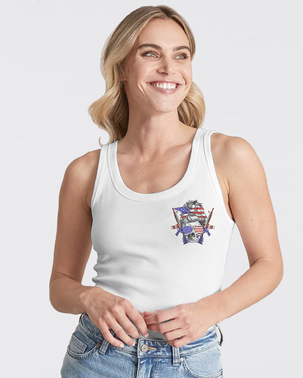 messy-bun-and-loaded-guns-skull-headband-womens-patriotic-tank-top