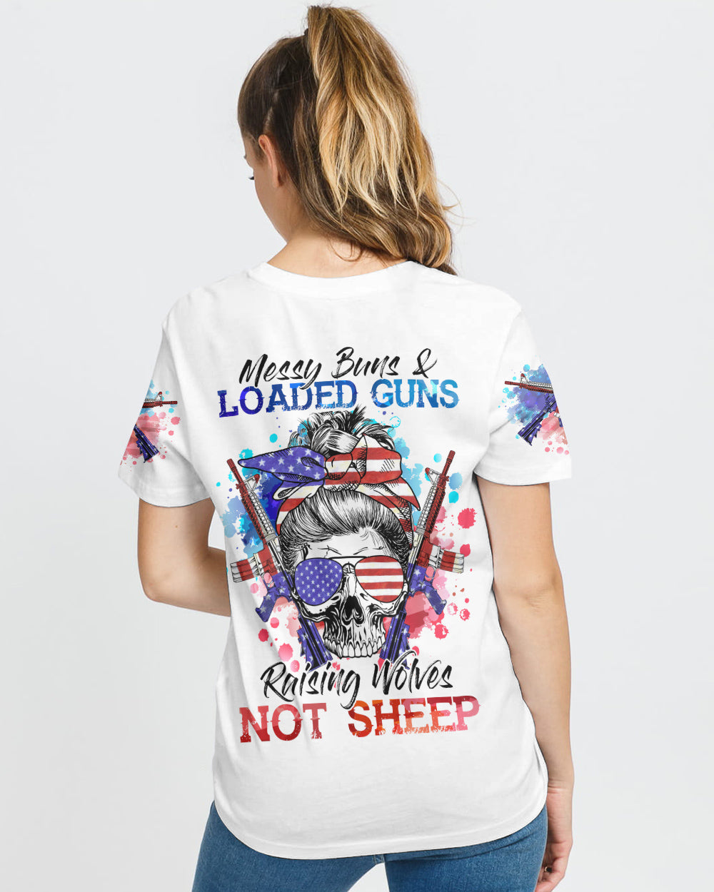 messy-bun-and-loaded-guns-skull-headband-womens-patriotic-t-shirt