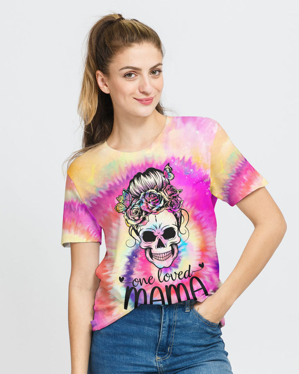 one-loved-mama-messy-bun-tie-dye-womens-skull-t-shirt