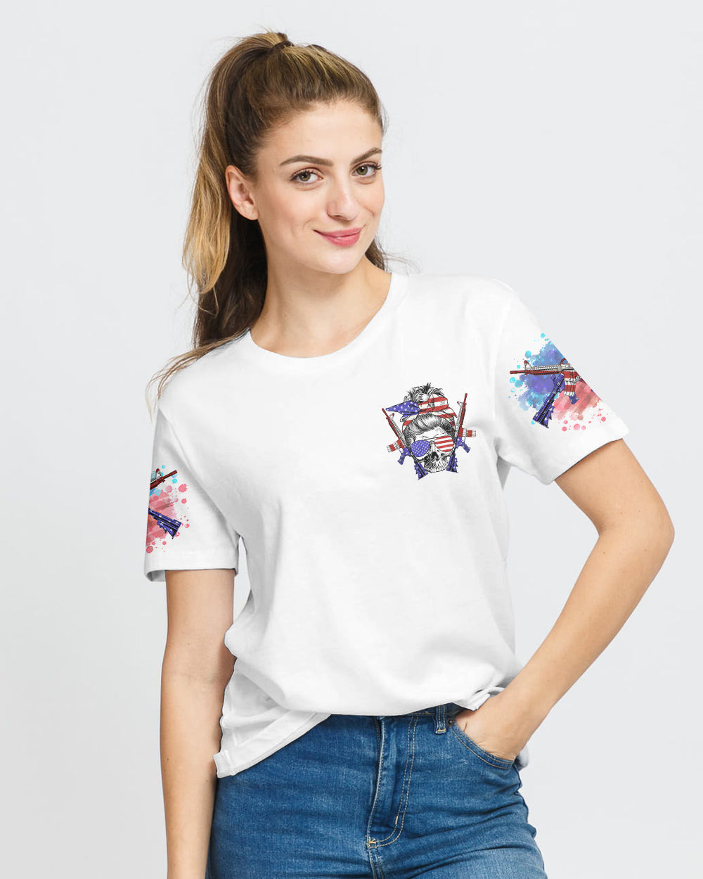 messy-bun-and-loaded-guns-skull-headband-womens-patriotic-t-shirt