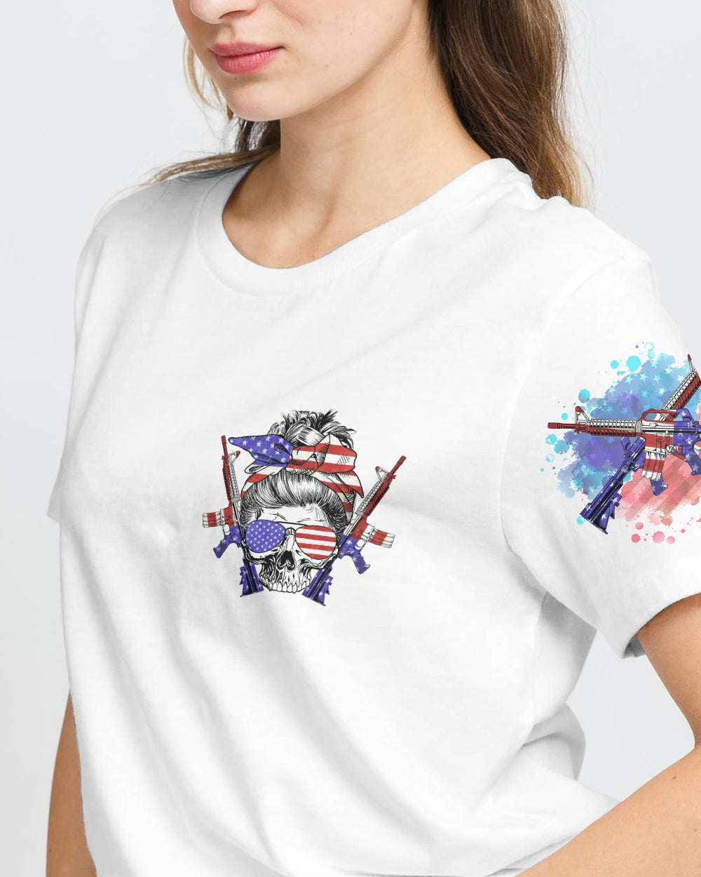 messy-bun-and-loaded-guns-skull-headband-womens-patriotic-t-shirt