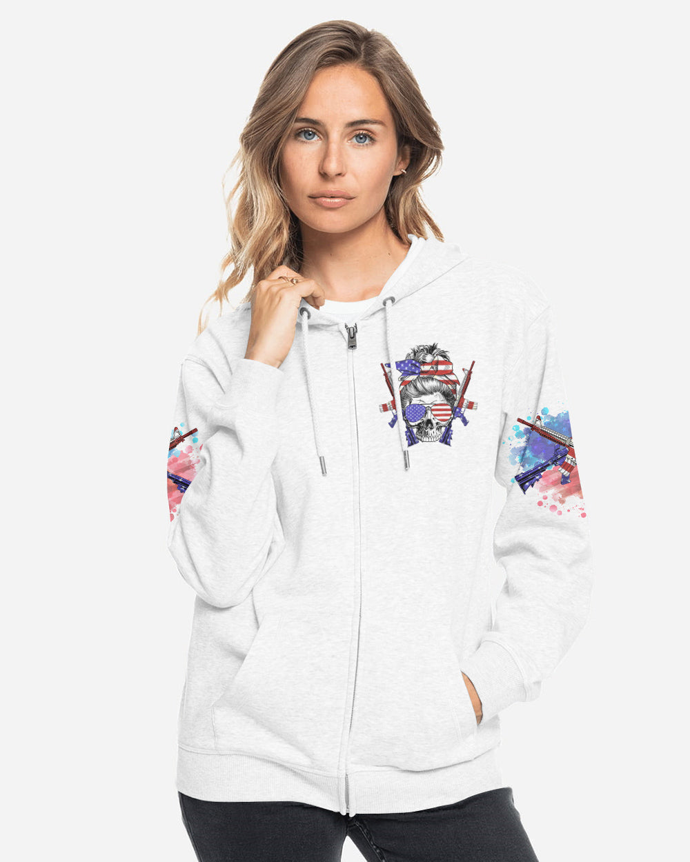 messy-bun-and-loaded-guns-skull-headband-womens-patriotic-hoodie