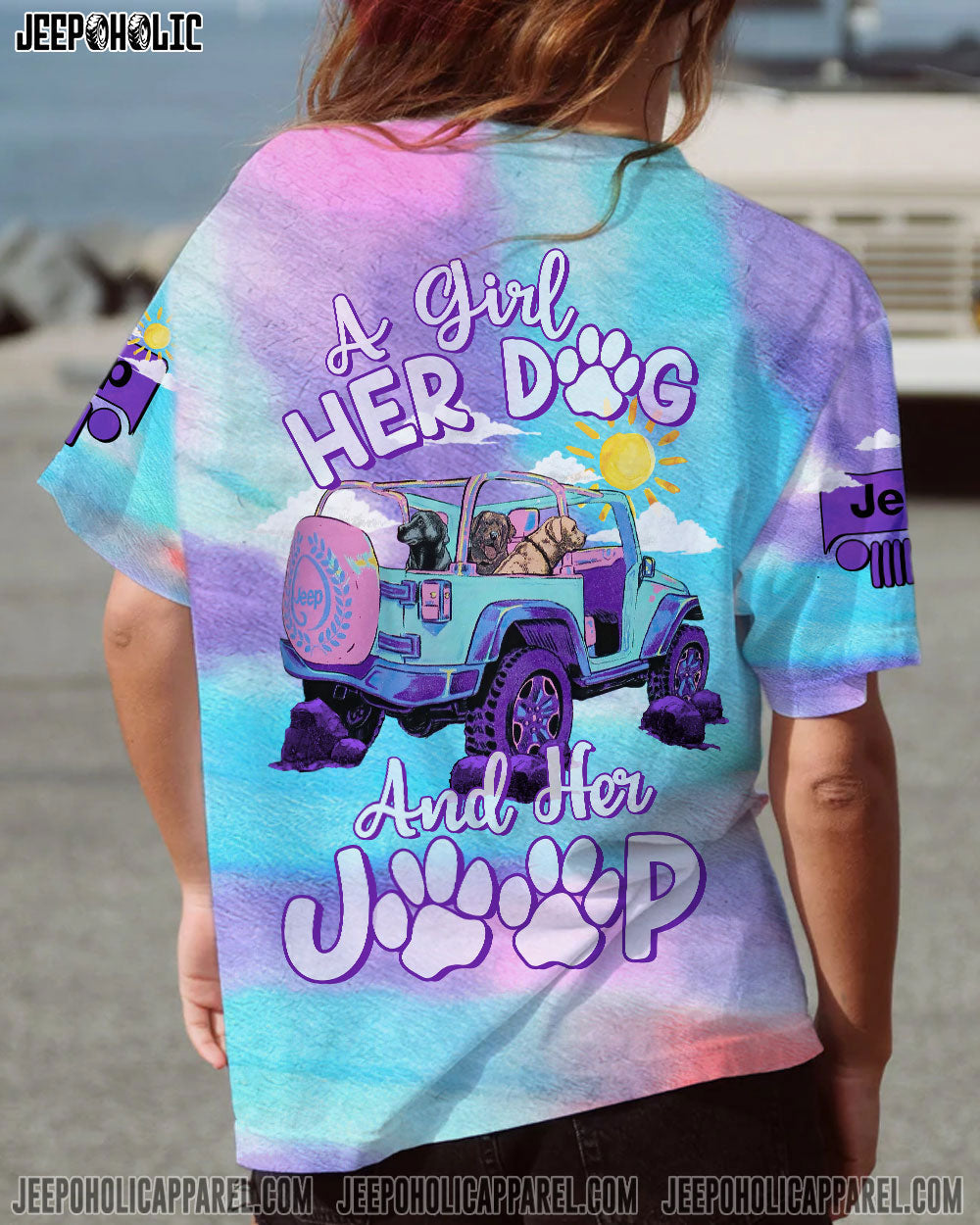 A Girl Her Dog And Her Jeep Pastel Tie Dye All Over Print